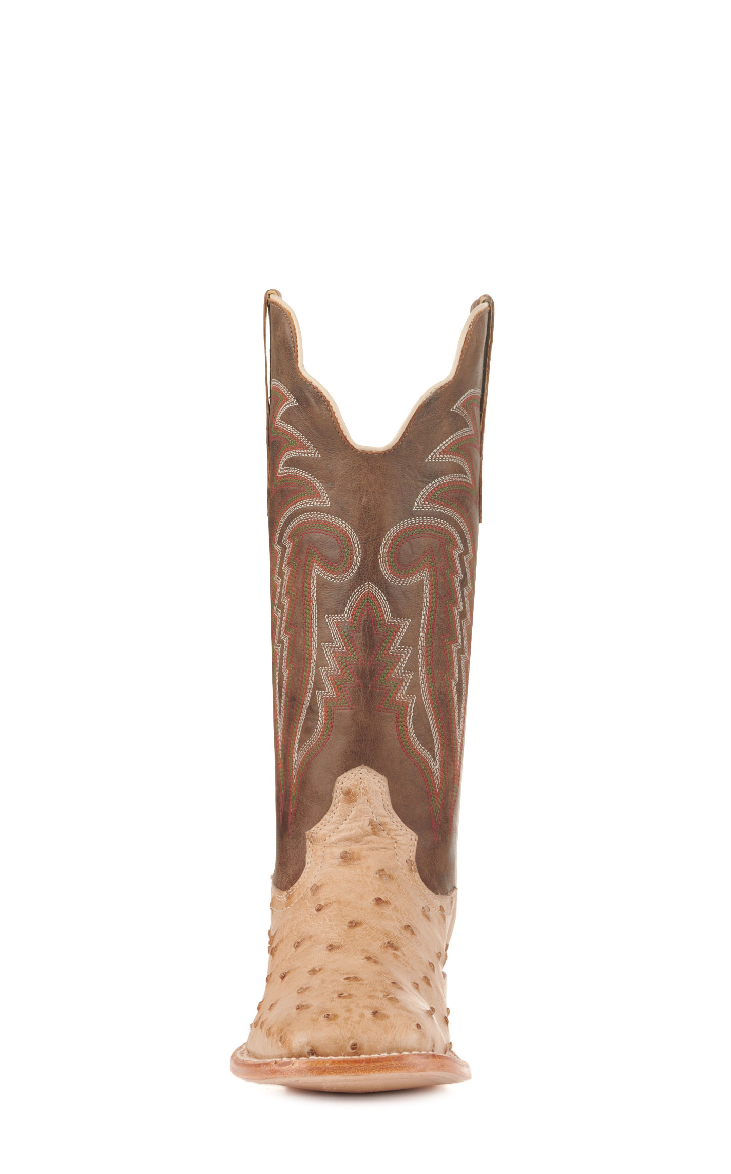 R. Watson Men's Sand Bruciato Full Quill Ostrich and Brown Wide Square Toe Cowboy Boots - Image 1