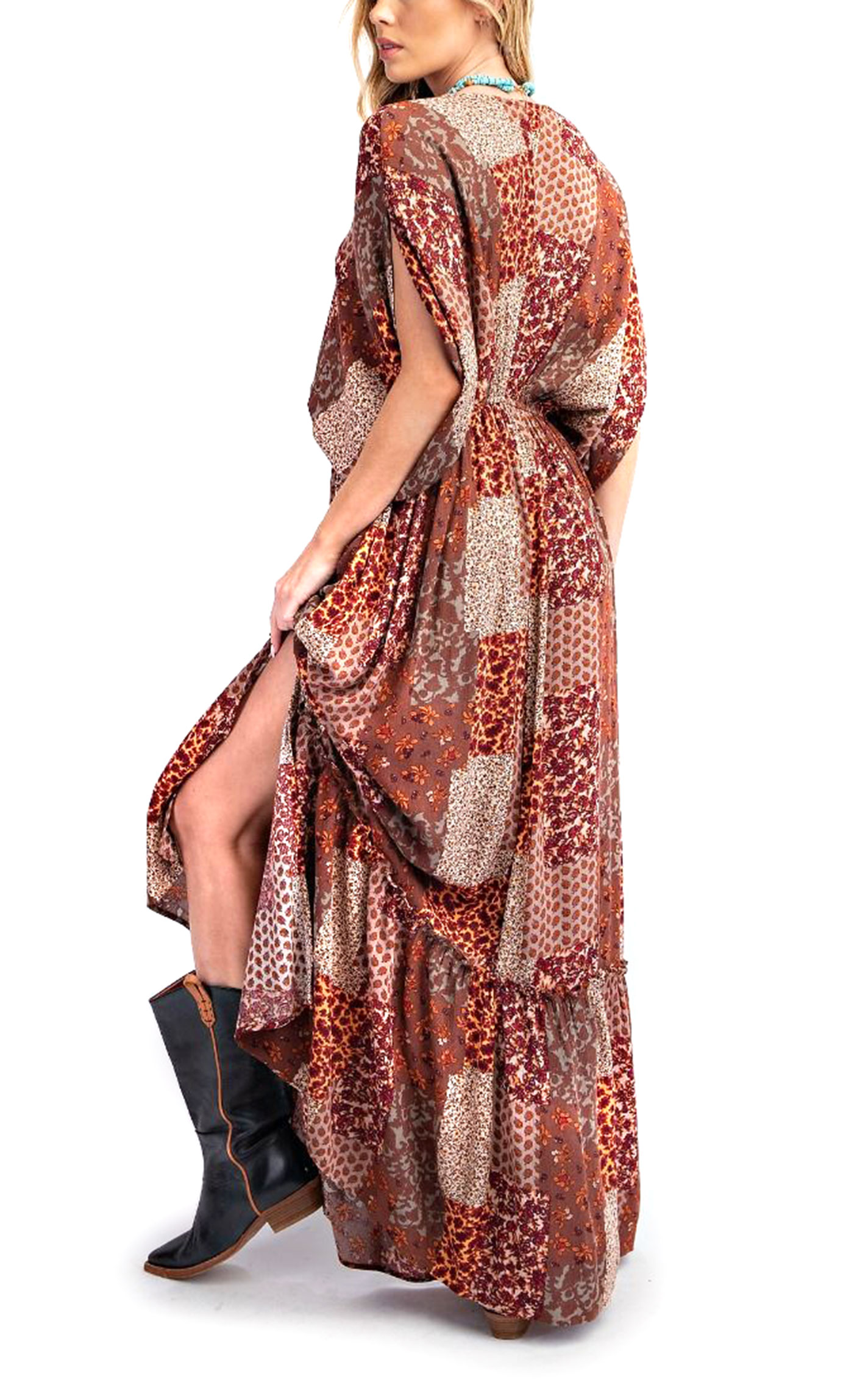 EASEL Women's Mocha & Cream Patchwork Maxi Dress - Image 1