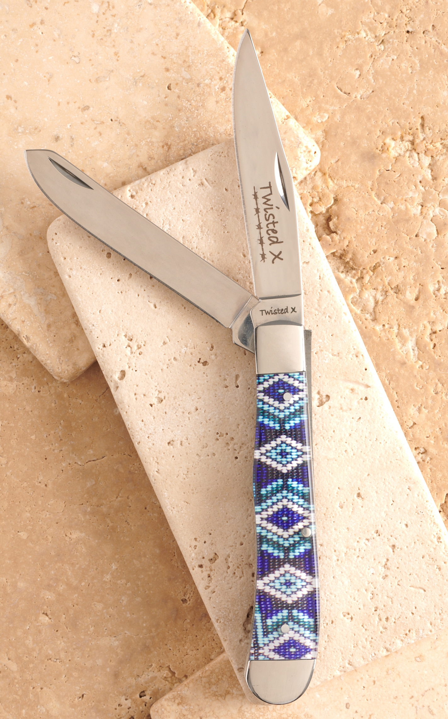 Twisted X Acrylic Blue Beaded Aztec Print Large Trapper Knife - Image 1