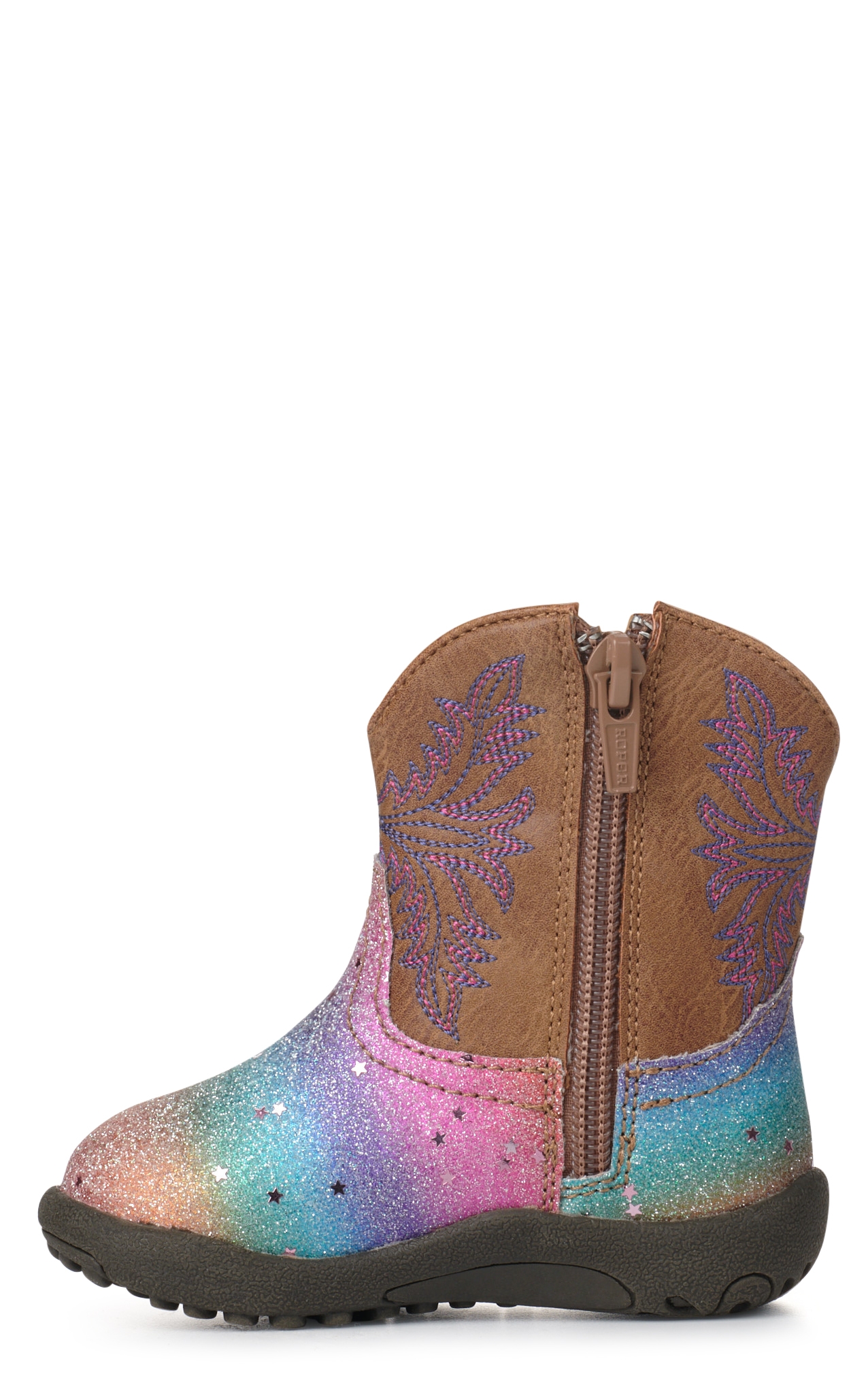 Roper Infant Rainbow Glitter and Tan Faux Leather Round Toe Boots - Image 1