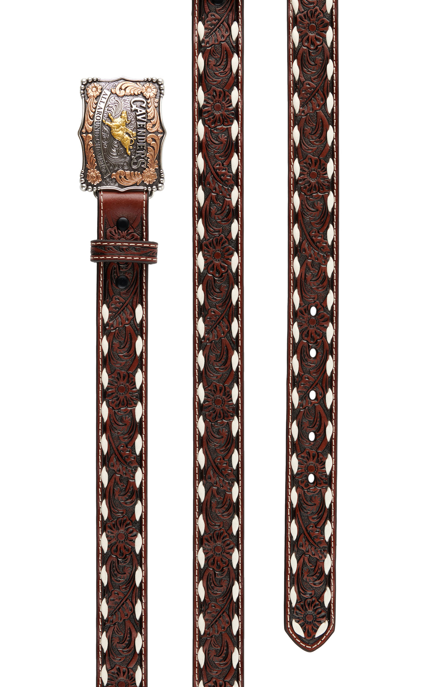 Cavender's Kid's Brown Leather Floral Tooling White Woven Edge with Champion Buckle on Western Belt - Image 1