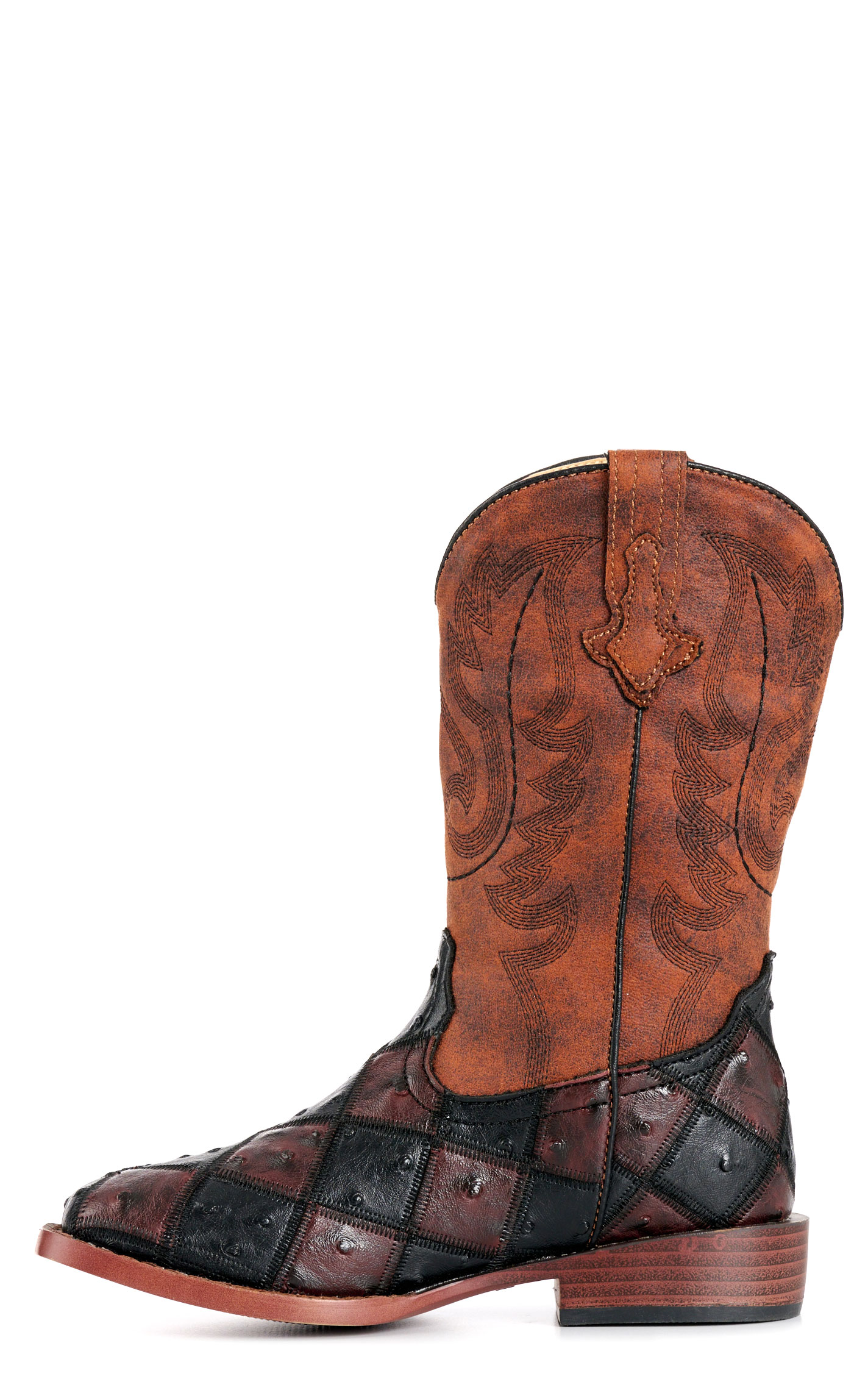 Roper Bird Blocks Youth Burgundy & Black Faux Ostrich Cowboy Boots - Image 1