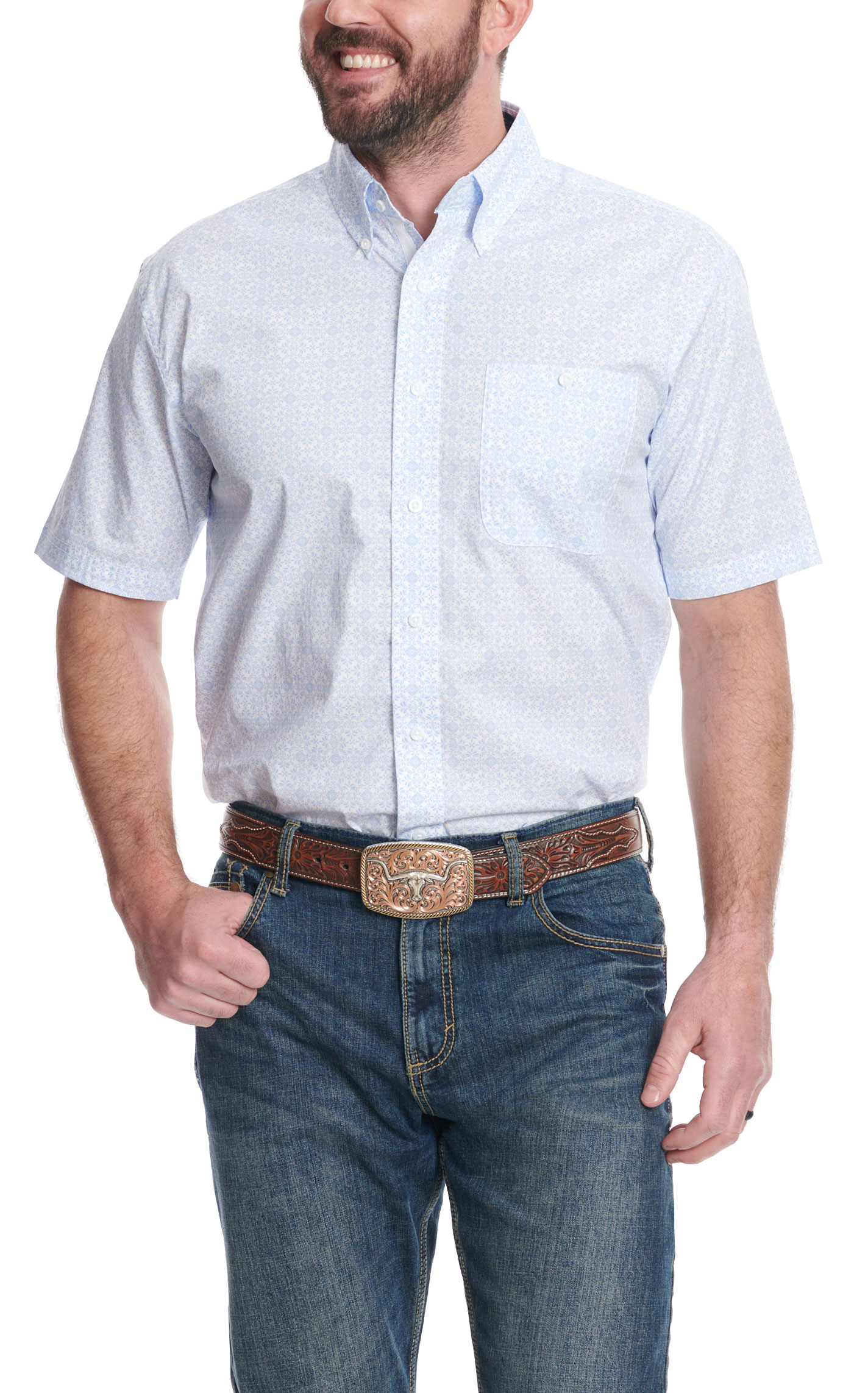 Wrangler Men's George Strait Collection Cornflower Blue Floral Western Shirt - Image 1
