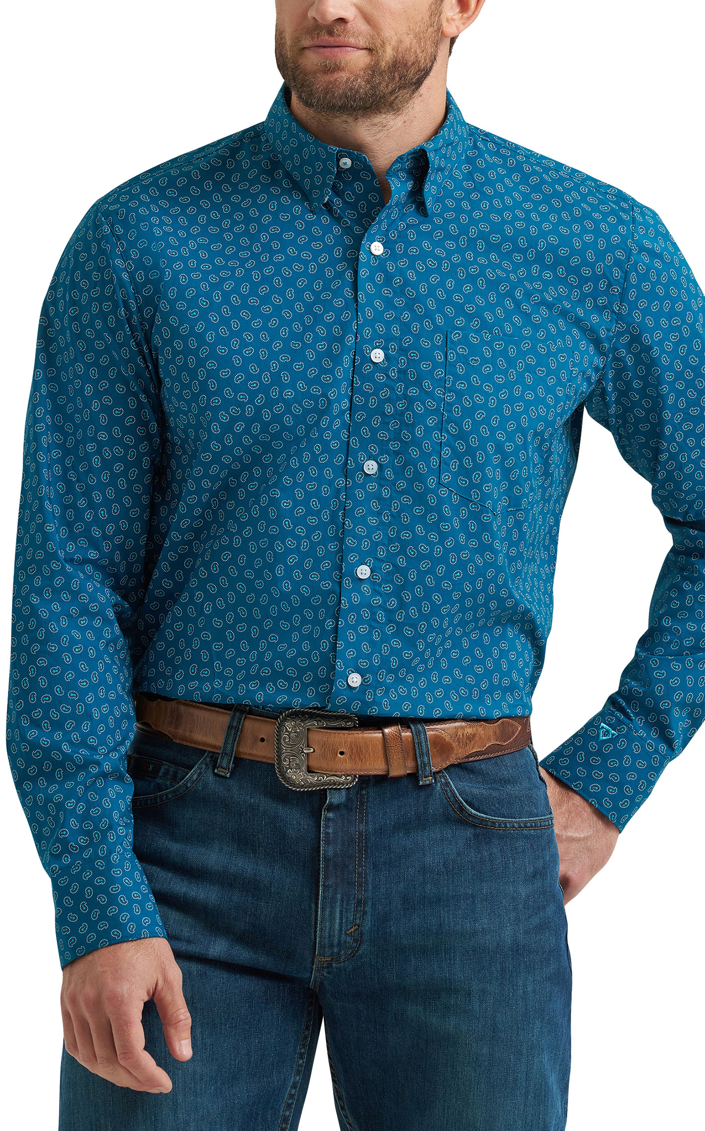 Wrangler Cody Johnson Men's Cerulean Blue & Turquoise Paisley Print Western Shirt - Image 1