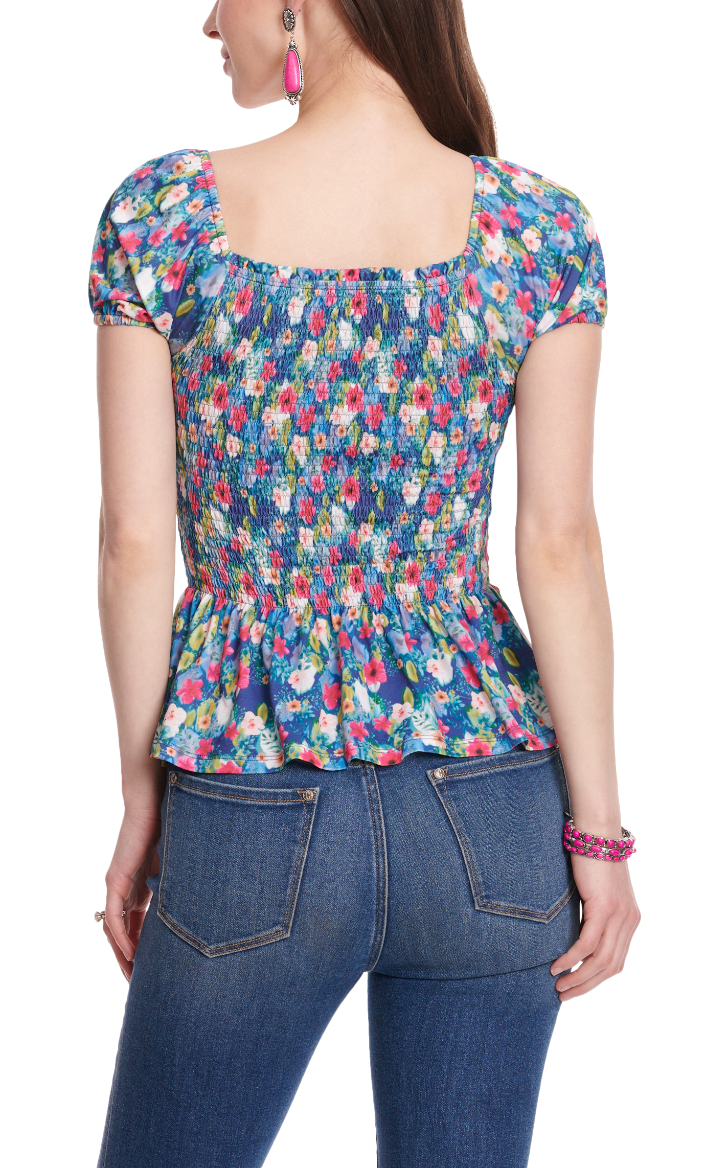 Cowgirl Hardware Women's Colorful Blue Floral Print Smocked Short Puff Sleeve Top - Image 1