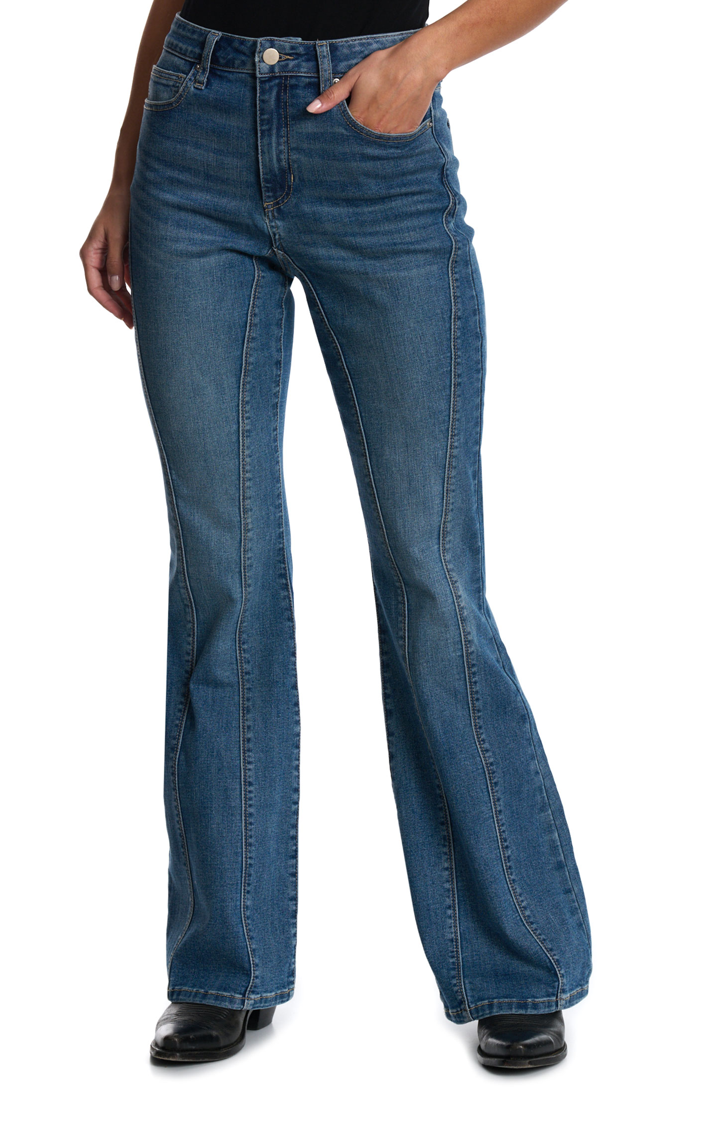 Sneak Peek Women's Medium Wash Decorative Seams Flare Jeans - Image 1