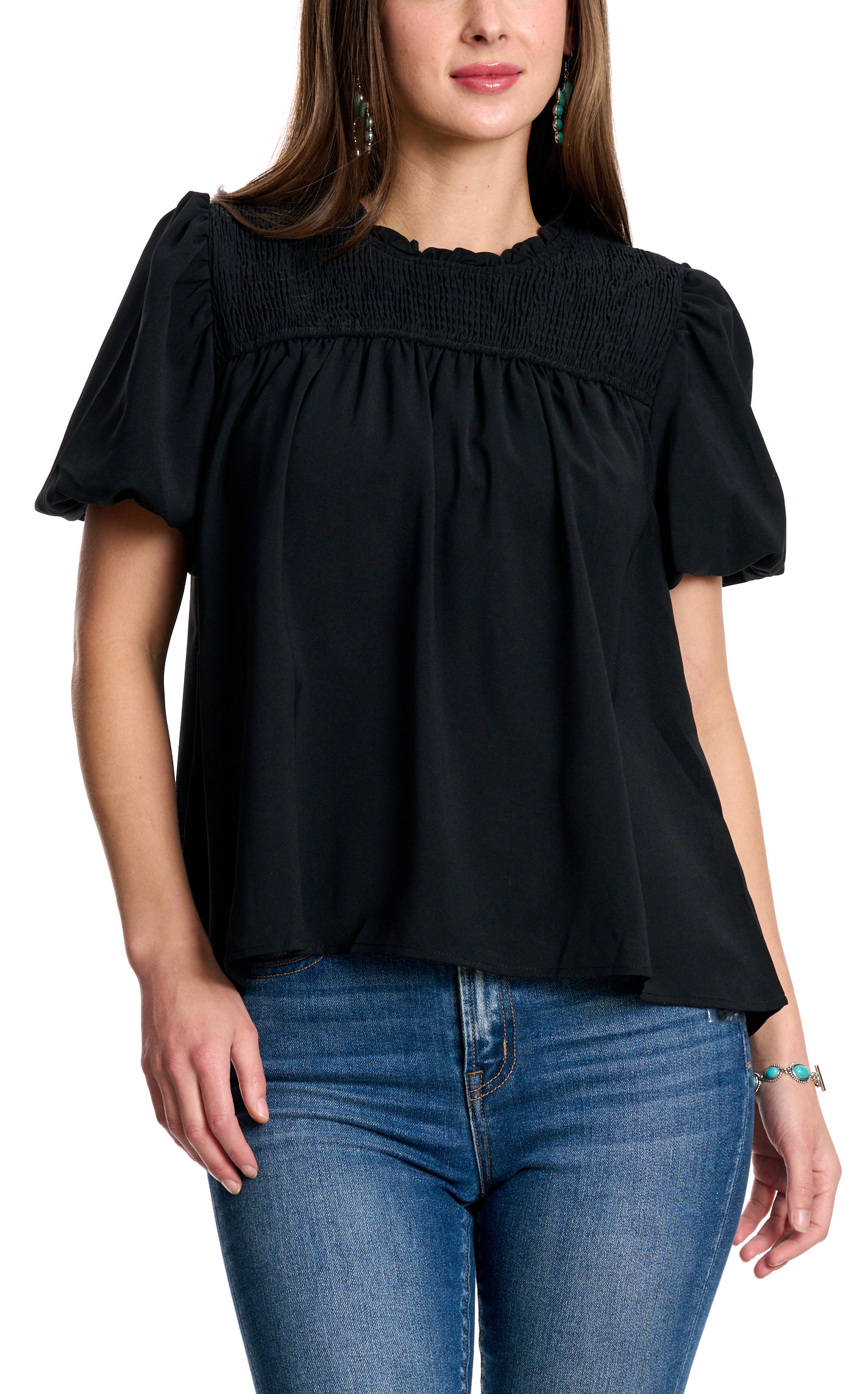 TCEC Women's Solid Black Smocked Top - Image 1