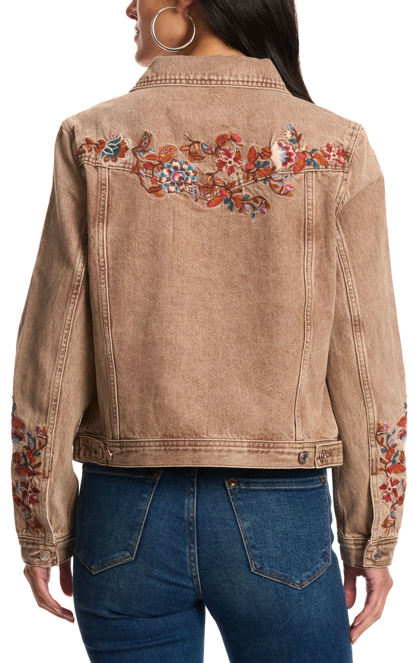 Grace in LA Women's Cinnamon Floral Embroidered Denim Jacket - Image 1