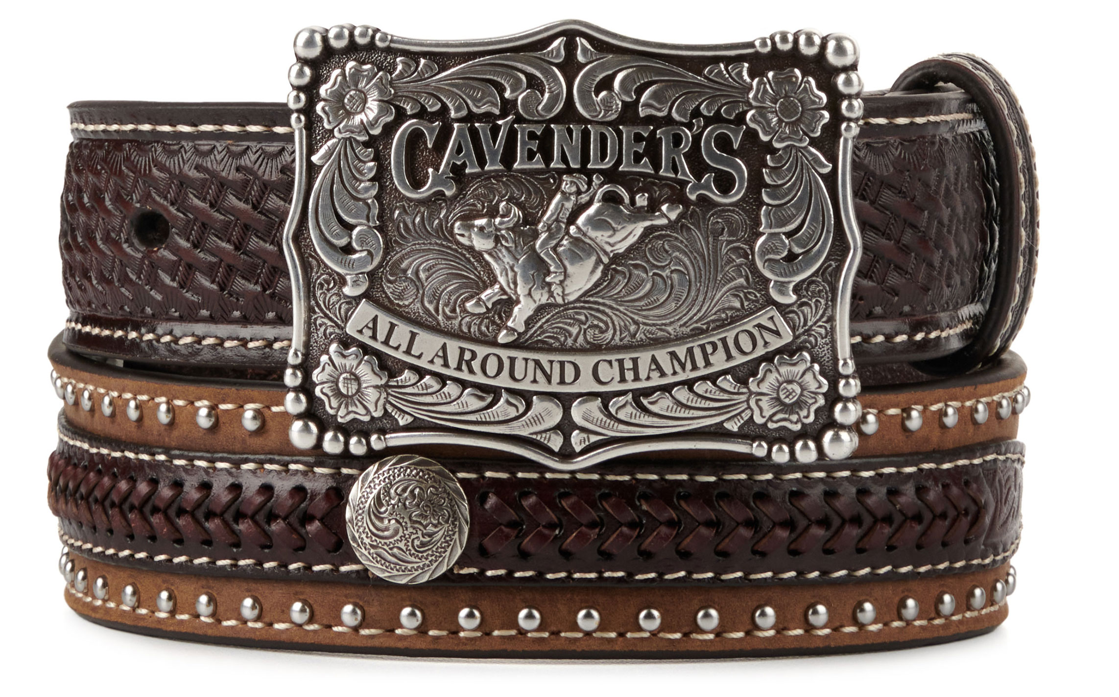 Cavender's Kid's Brown Leather with Basketweave Overlay Silver Champion Buckle on Western Belt - Image 1