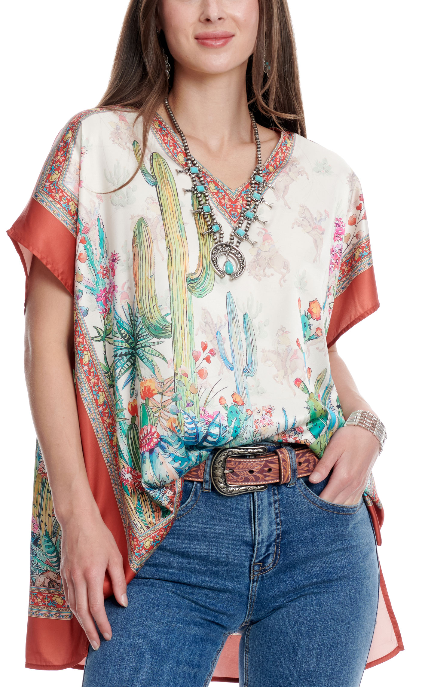 Fashion Express Women's Rust Colorful Retro Cactus Poncho - Image 1