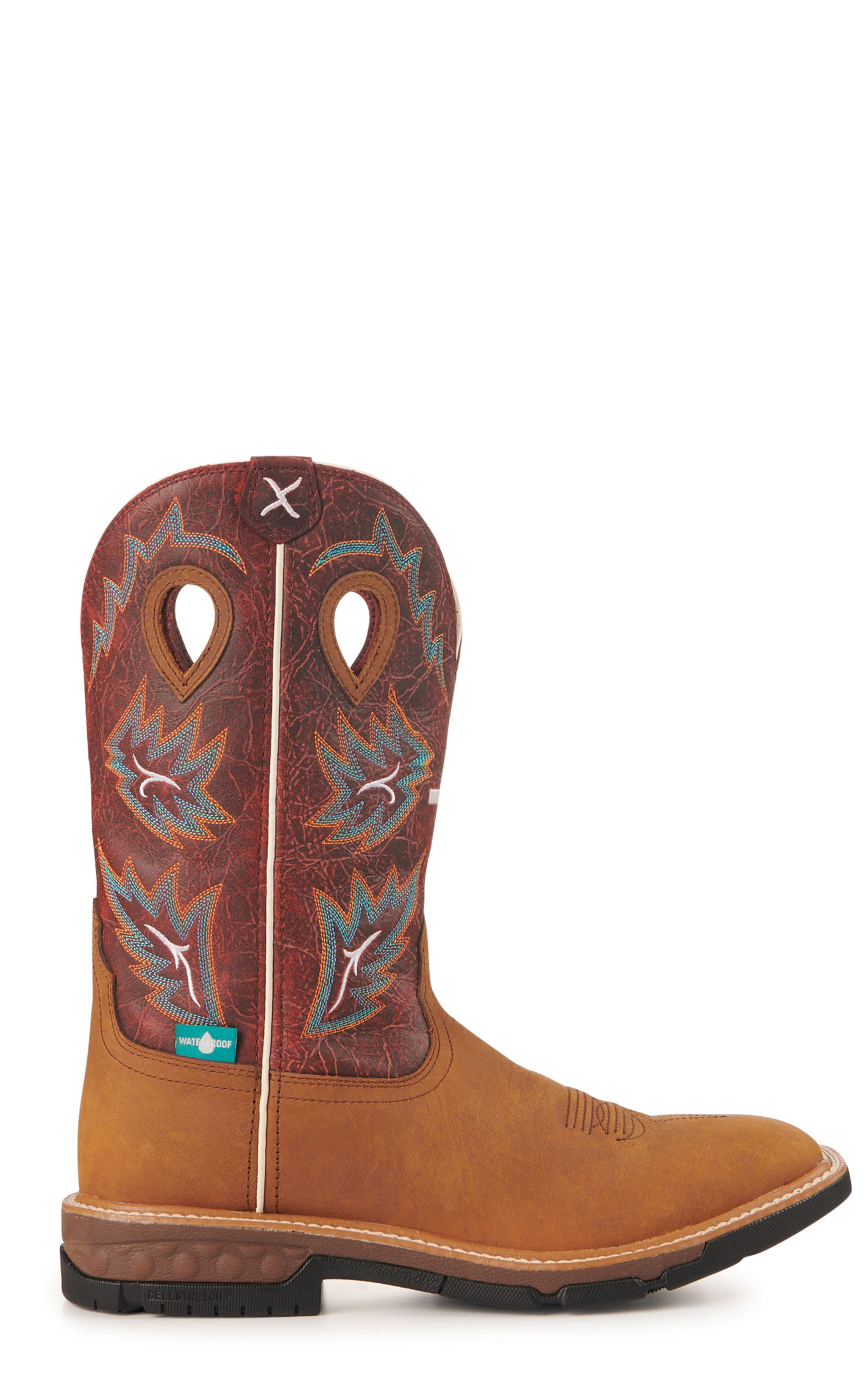 Twisted X Men's Tan and Burgundy Waterproof CellStretch Wide Square Toe Work Boots - Image 1