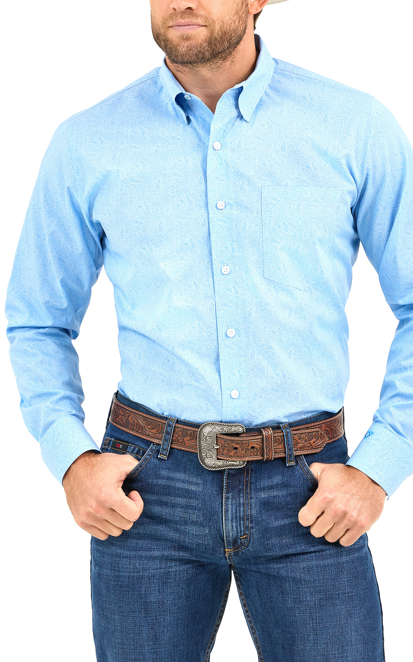 Cody Johnson Men's Light Blue Paisley Print Western Shirt - Image 1