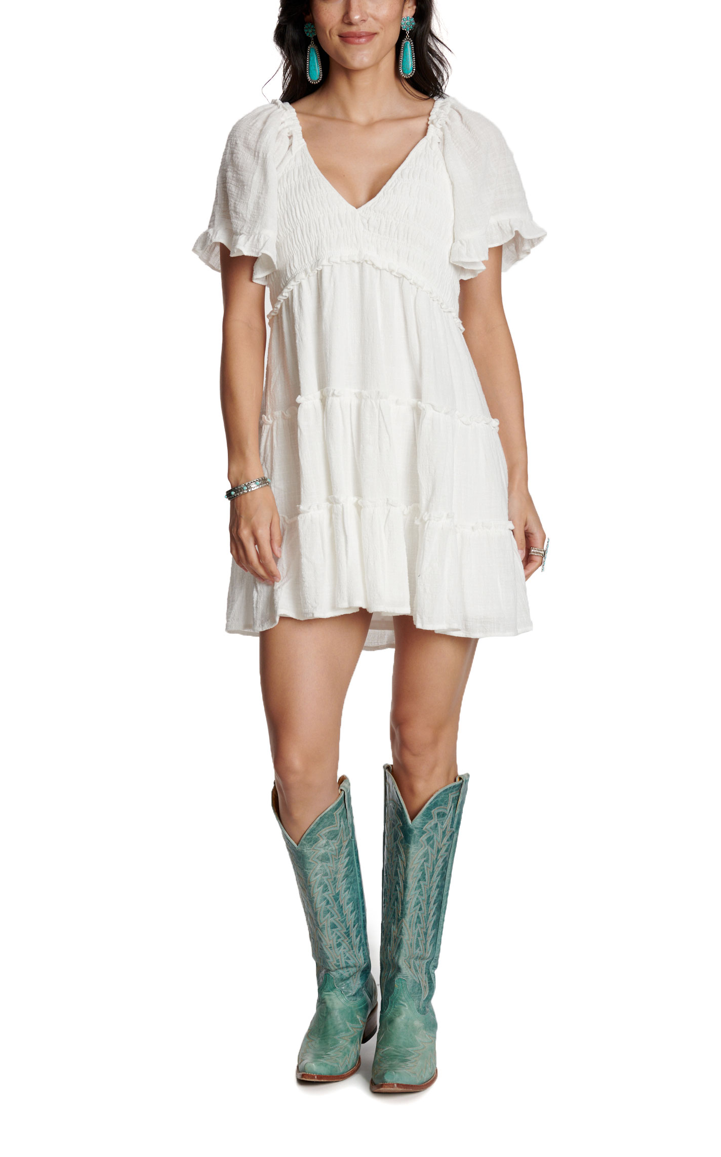 Yura Women’s White Solid Tiered Smocked Dress - Image 1