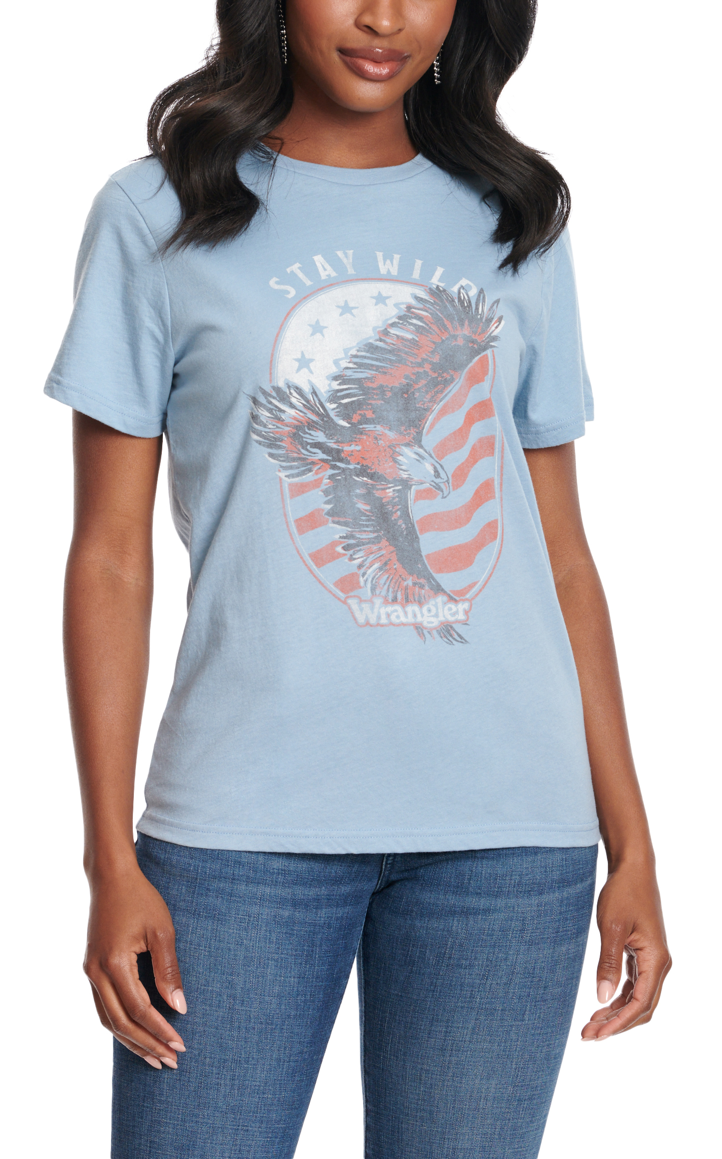 Wrangler Women's Stone Blue & Stay Wild Eagle Logo Graphic T-Shirt - Image 1