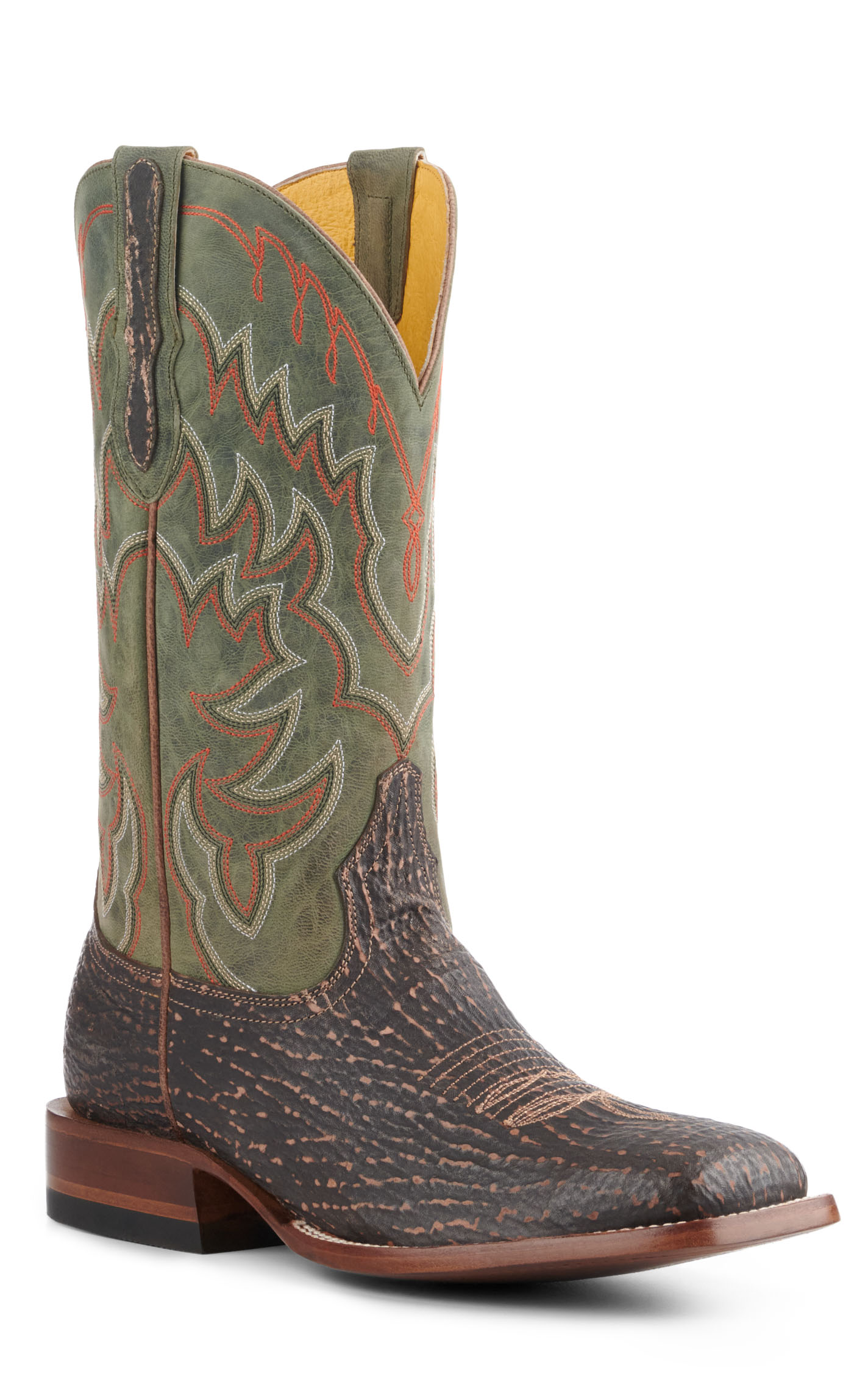 Cavender’s Men’s Rustic Brown Shark and Green Goat Wide Square Toe Cowboy Boots - Image 1