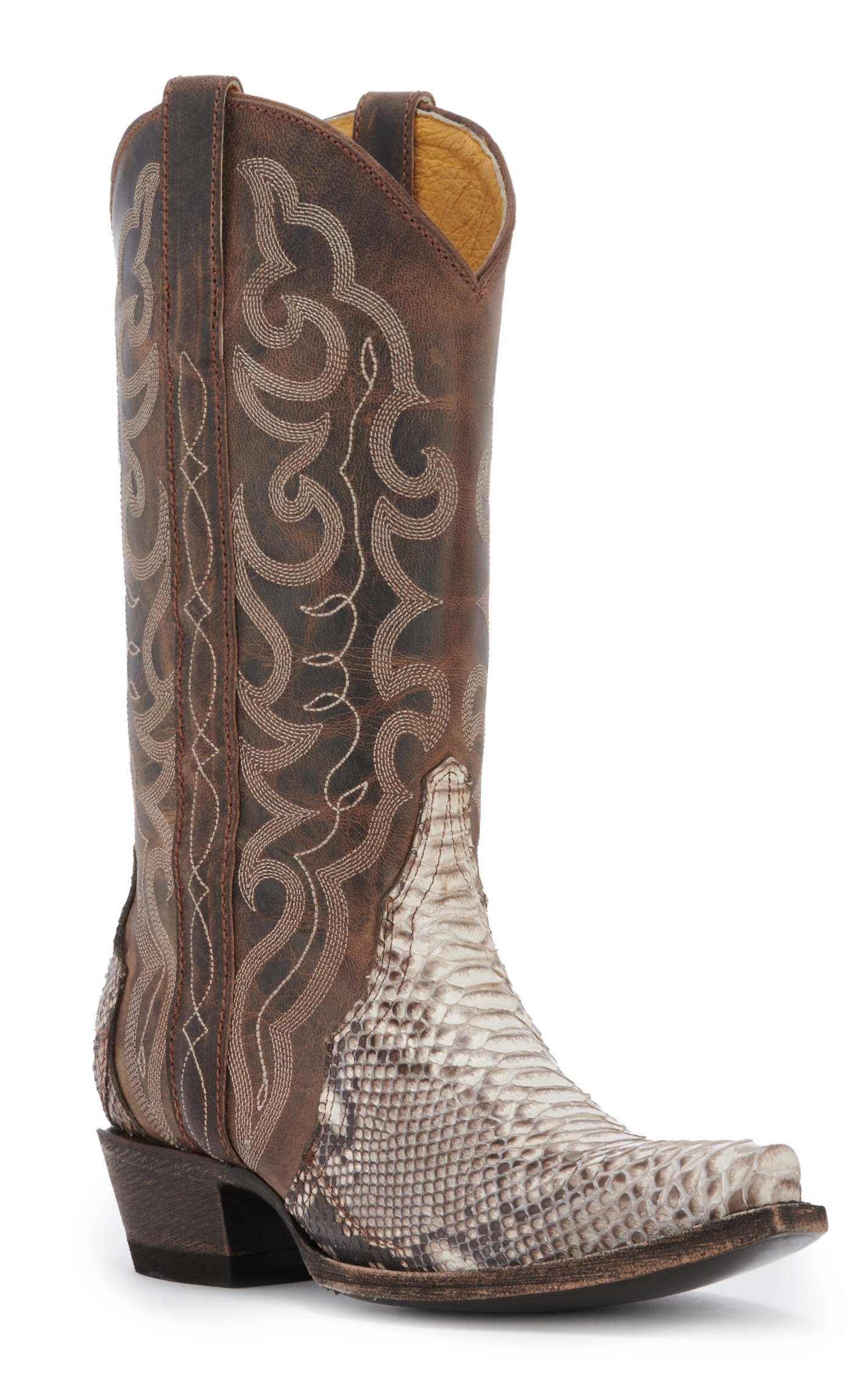 Cavender’s Women’s Natural Python and Bone Mad Dog Leather Exotic Snip Toe Cowboy Boots - Image 1
