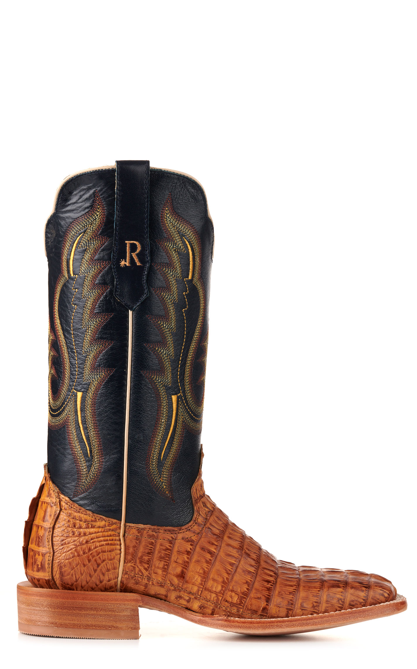 R. Watson Men's Saddle Hornback Caiman Tail and Navy Wide Square Toe Exotic Cowboy Boots - Image 1