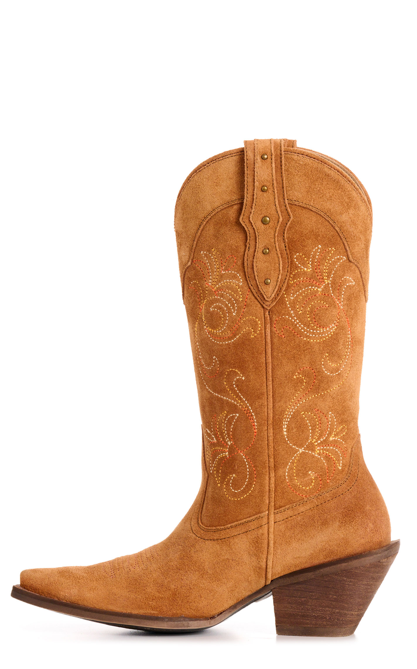Rockin C Women’s Nut with Floral Embroidery and Stud Accents Suede Snip Toe Cowboy Boots - Image 1