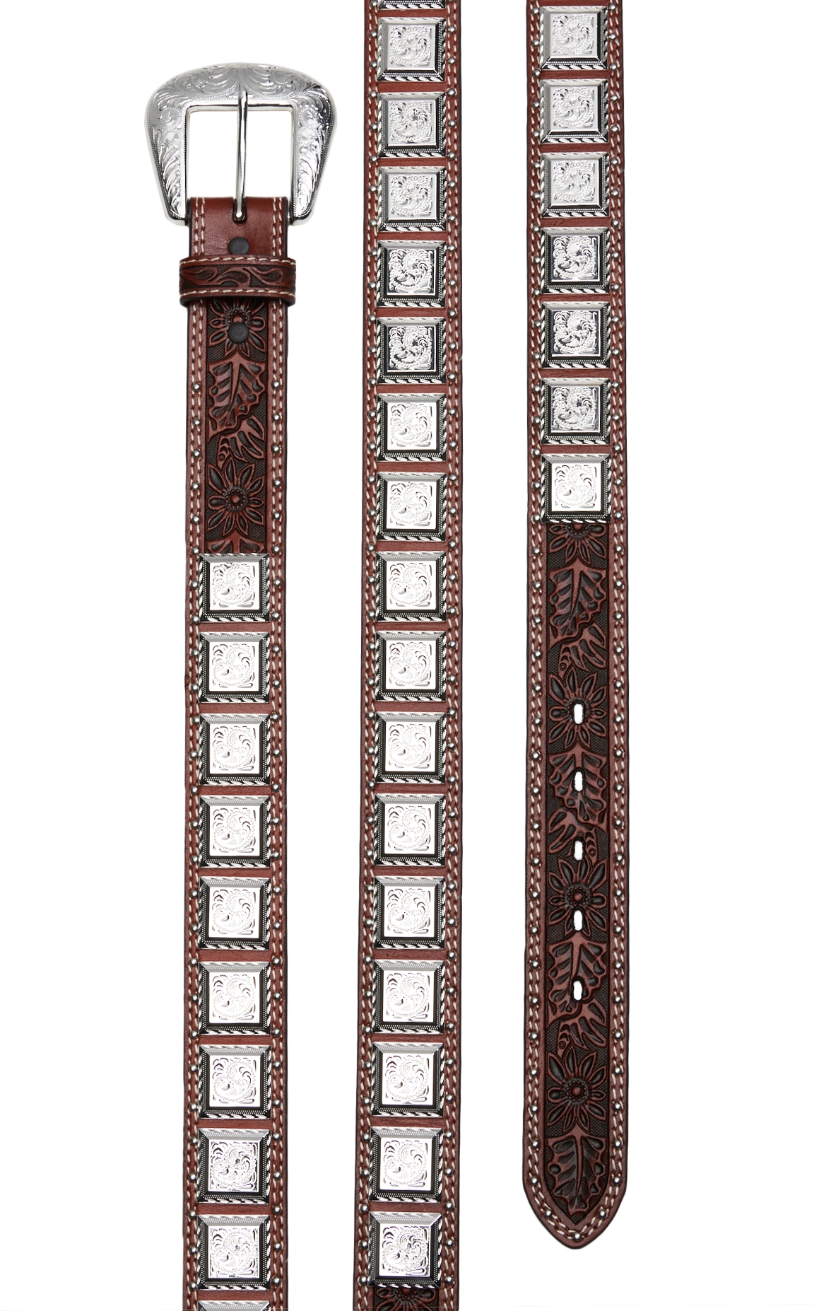 Cowboy Chrome Men's Brown Floral Tooled with Silver Square Conchos Belt - Image 1