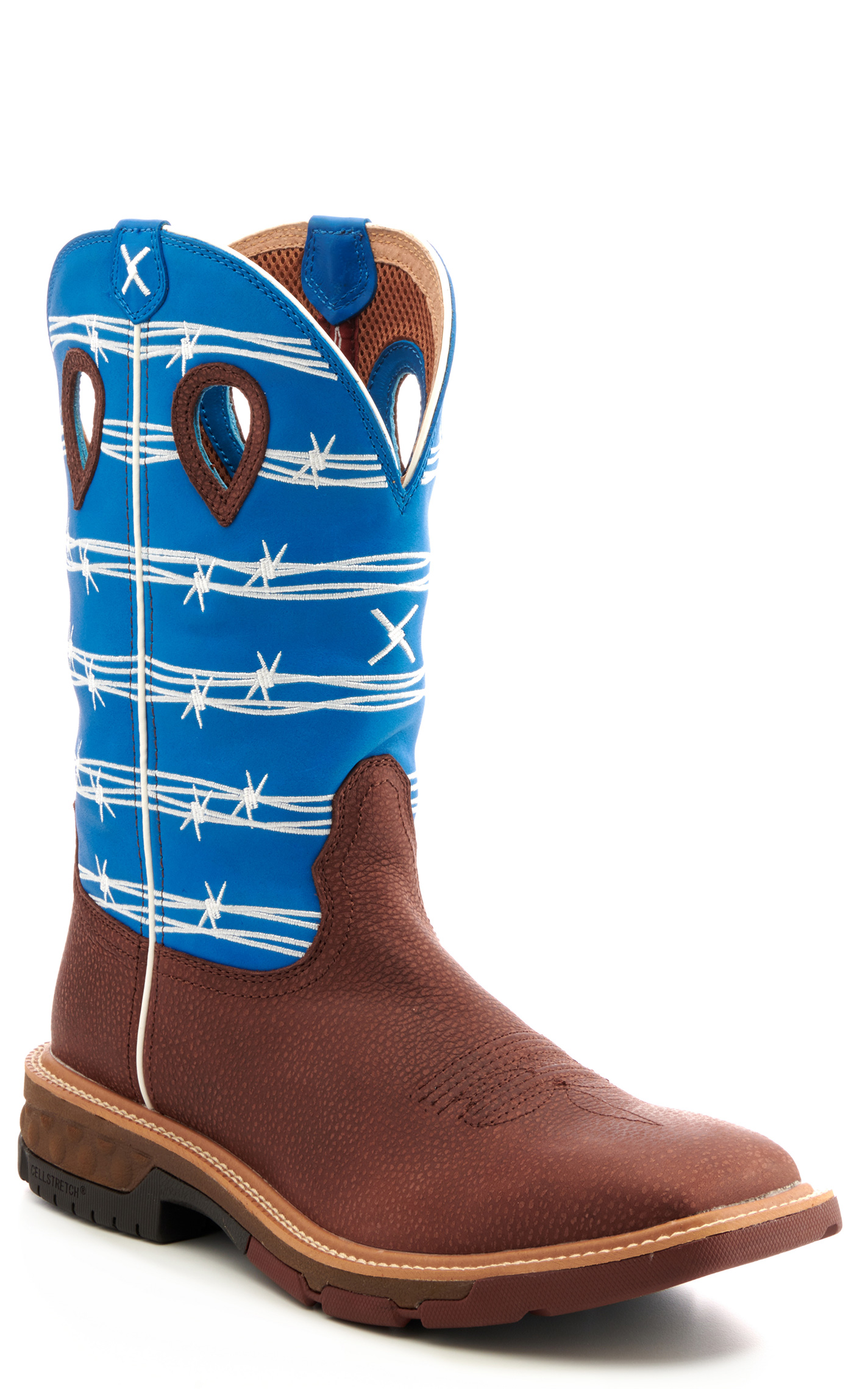 Twisted X Men's Rust Brown and Sky Blue with Barbwire Embroidery CellStretch Square Alloy Toe Work Cowboy Boot - Image 1
