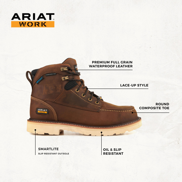 Ariat Men's Rebar Lift Distressed Brown H20 SmartLite Round Composite Toe Lace Up Work Boots - Image 1
