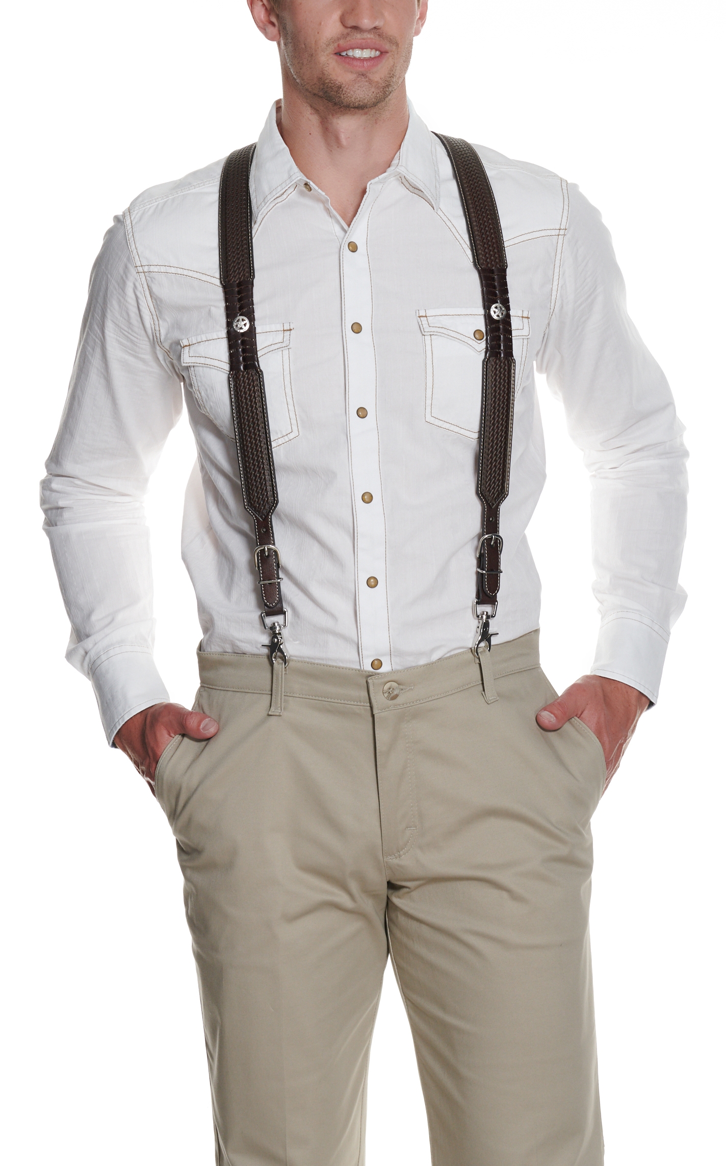 Nocona Brown Basket Weave with Texas Star Concho Suspenders - Image 1