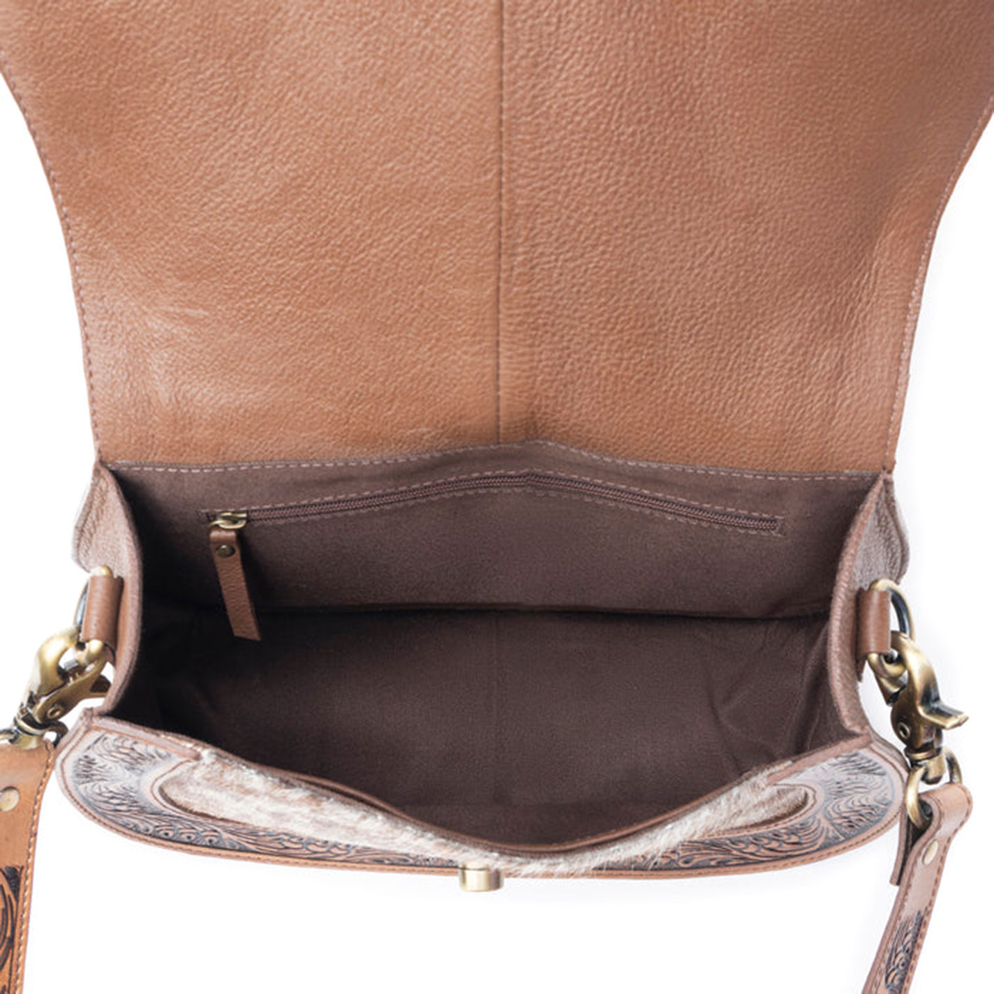 Myra Bag Brown Hair on & Tooled Leather Scalloped Flap Shoulder Bag - Image 1