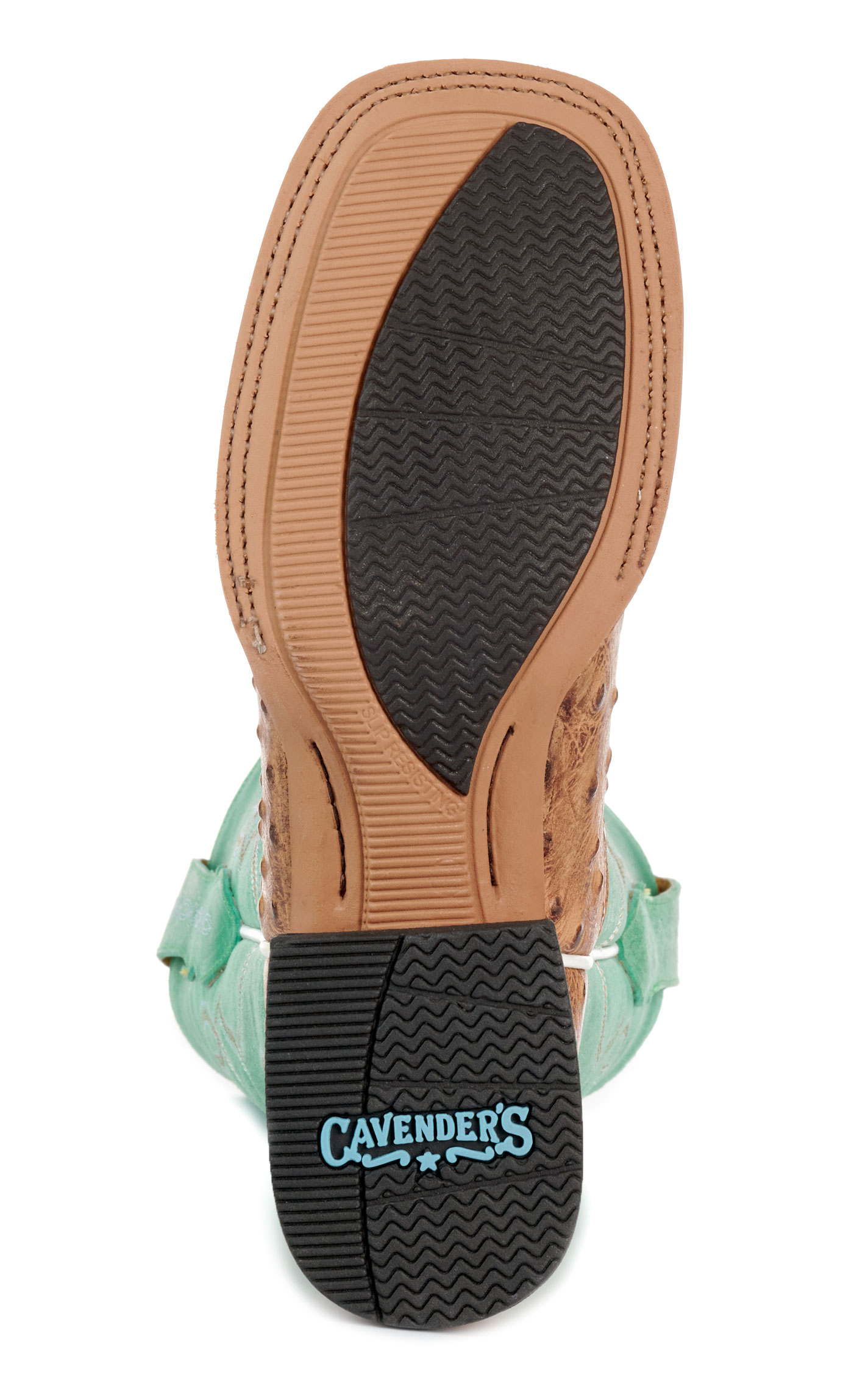 Cavender’s Women’s Intrepid Saddle Tan Ostrich Print and Green Wide Square Toe Cowboy Boots  - Image 1