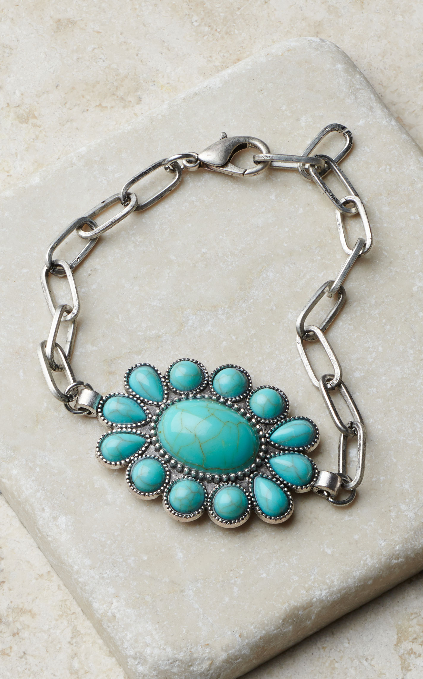 Rockin C Turquoise Stone Concho & Silver Paperclip Chain Bracelet - Image 1