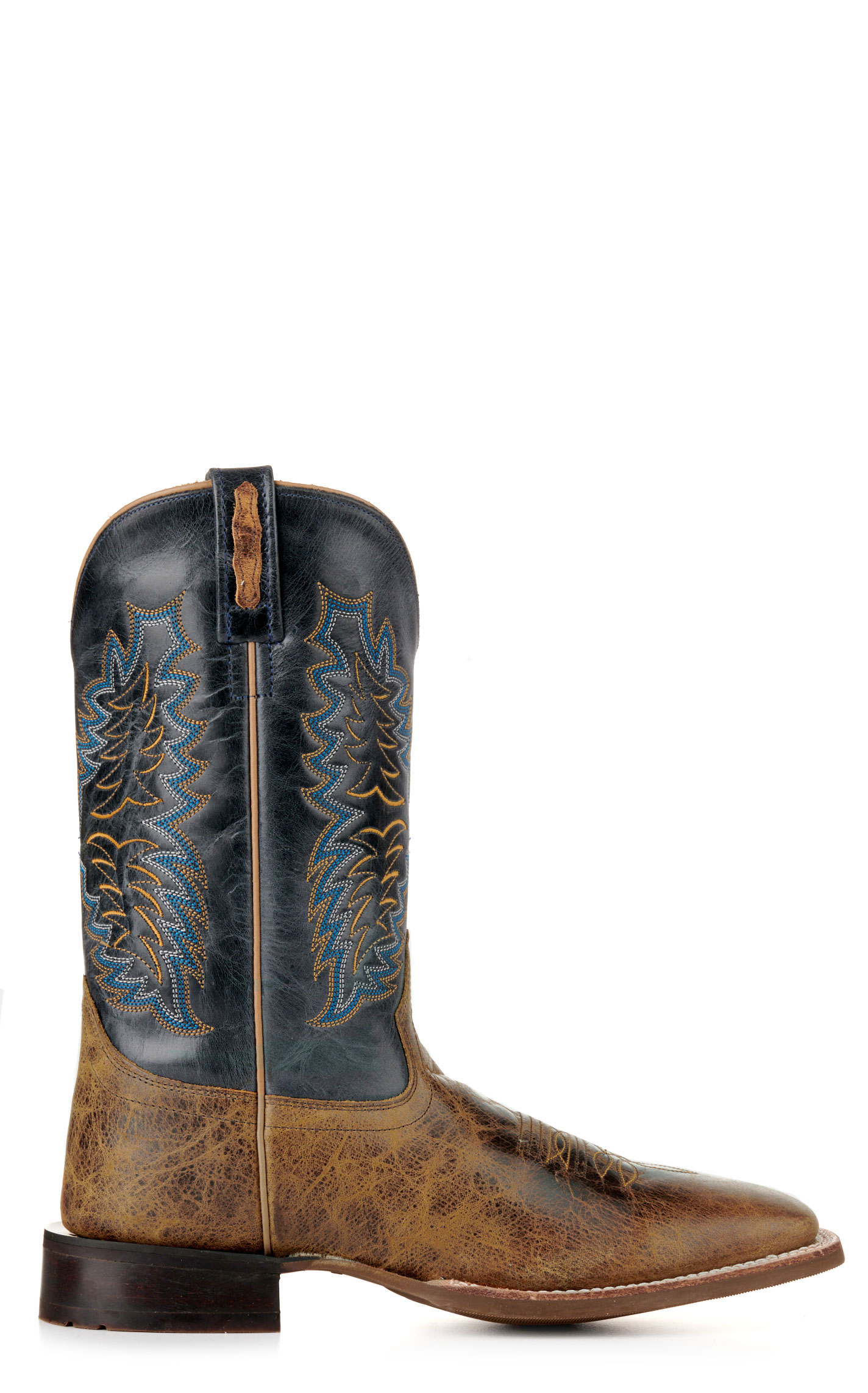 Old West Men's Burnt Brown and Navy Wide Square Toe Cowboy Boots - Image 1