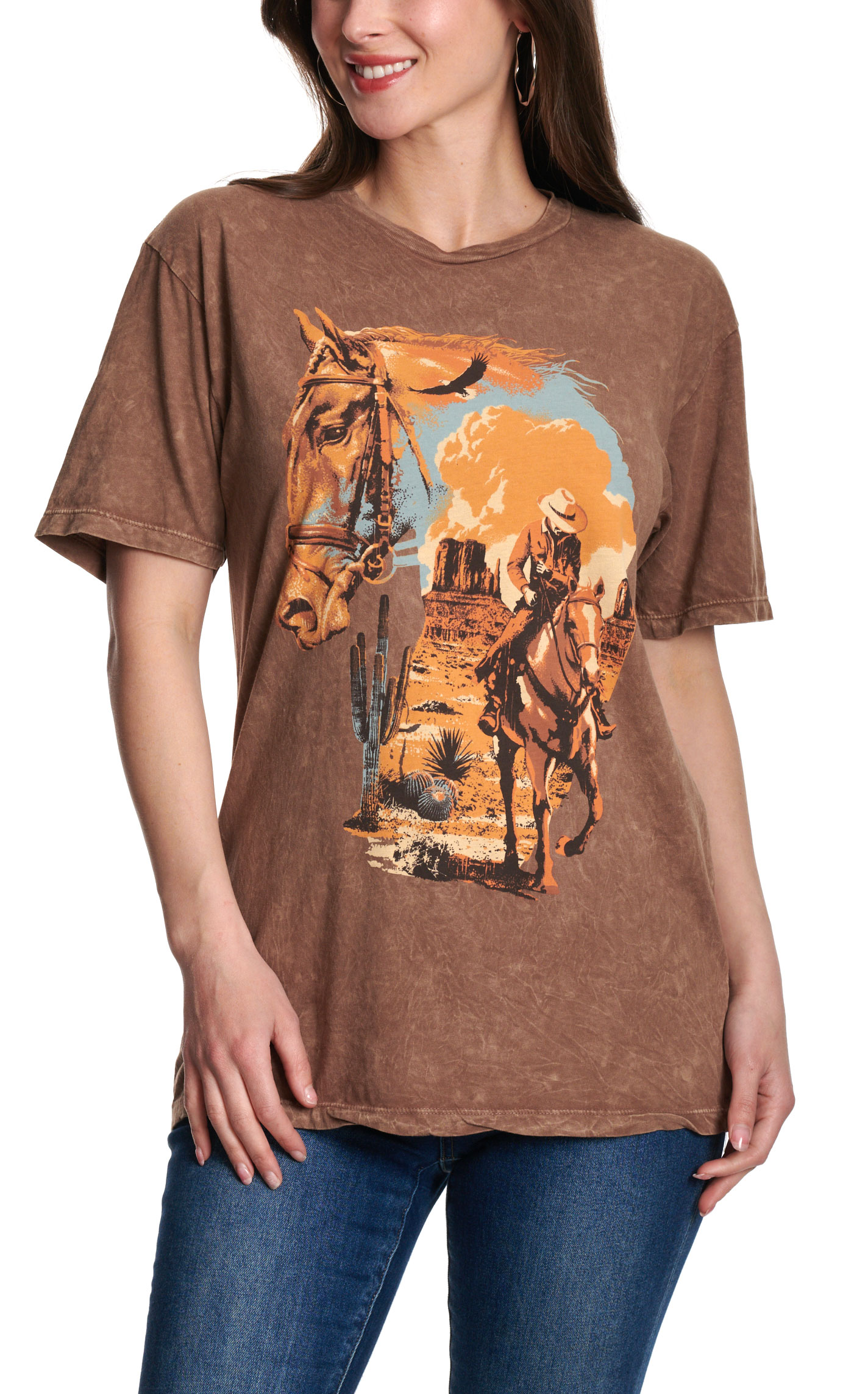 Lotus Fashion Women’s Brown Desert Cowboy Graphic T-Shirt - Image 2