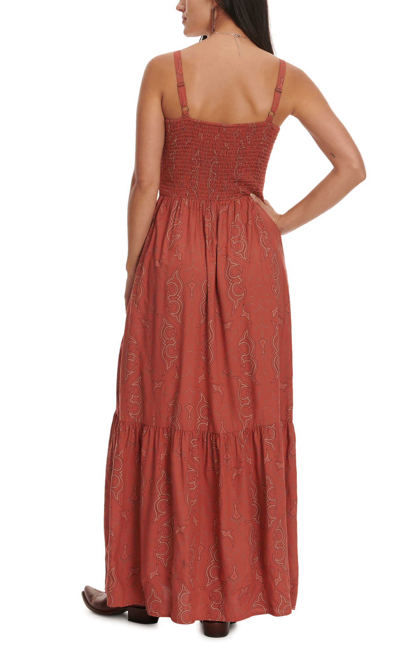 Wrangler Retro Women's Paprika & Boot Stitch Print Smocked Maxi Thin Strap Dress - Image 1