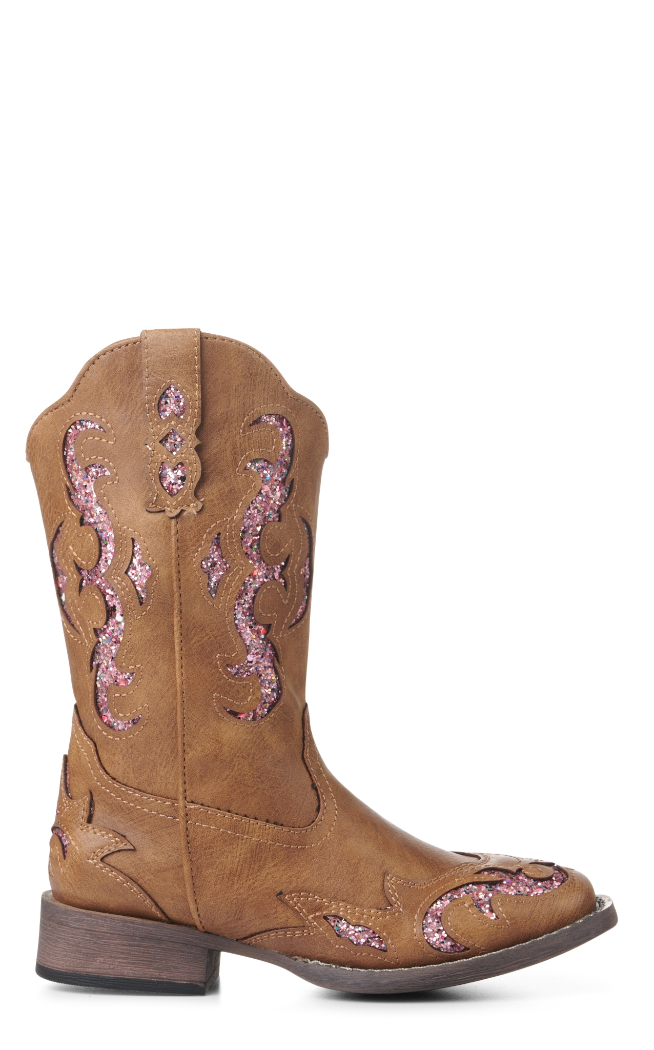 Roper Kid's Gypsy Tan with Pink Glitter Inlay Square Toe Cowboy Boots - Image 1