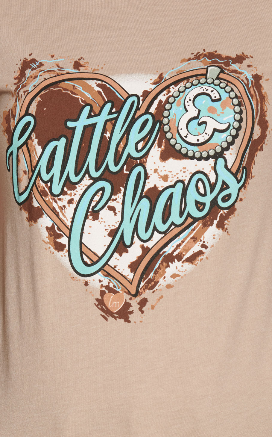 LuLu Mac Women's Taupe with Turquoise and Cowhide Cattle & Chaos From Graphic Short Sleeve T-Shirt - Image 1