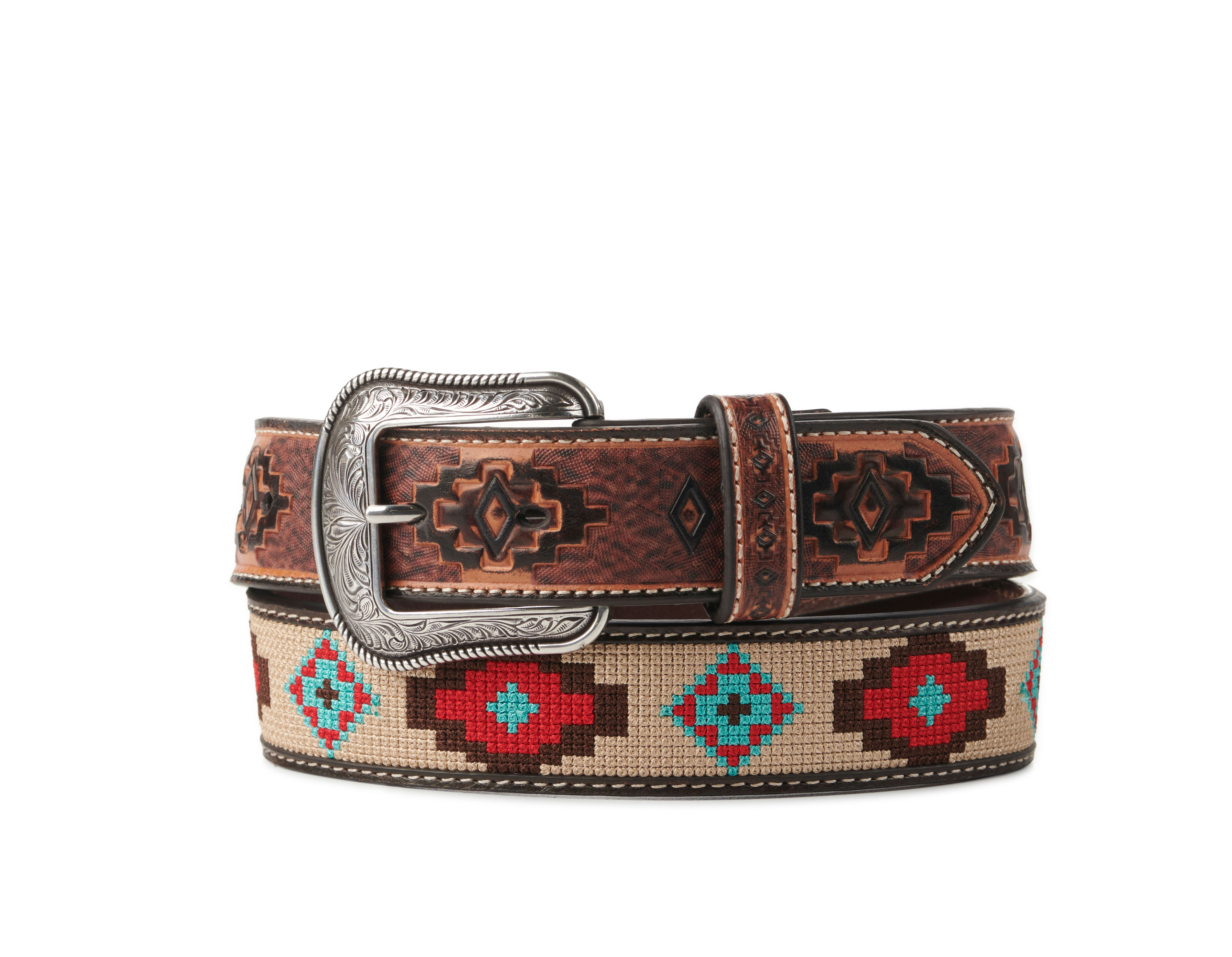 3D Belt Co Men's Brown with Tan Aztec Stitch Western Belt - Image 1