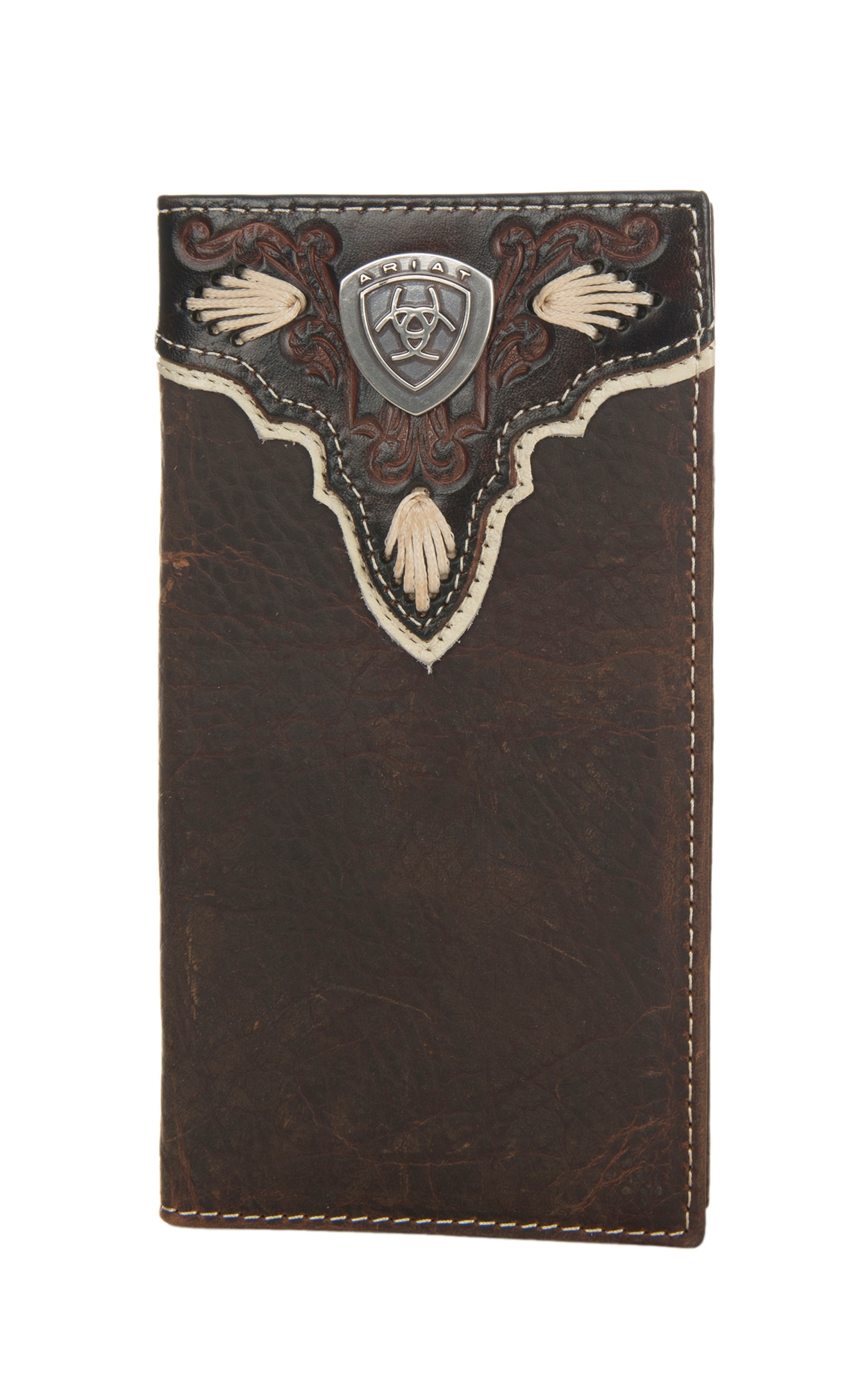 Ariat Distressed Brown with Overlay and Logo Shield Leather Checkbook / Rodeo Wallet - Image 1