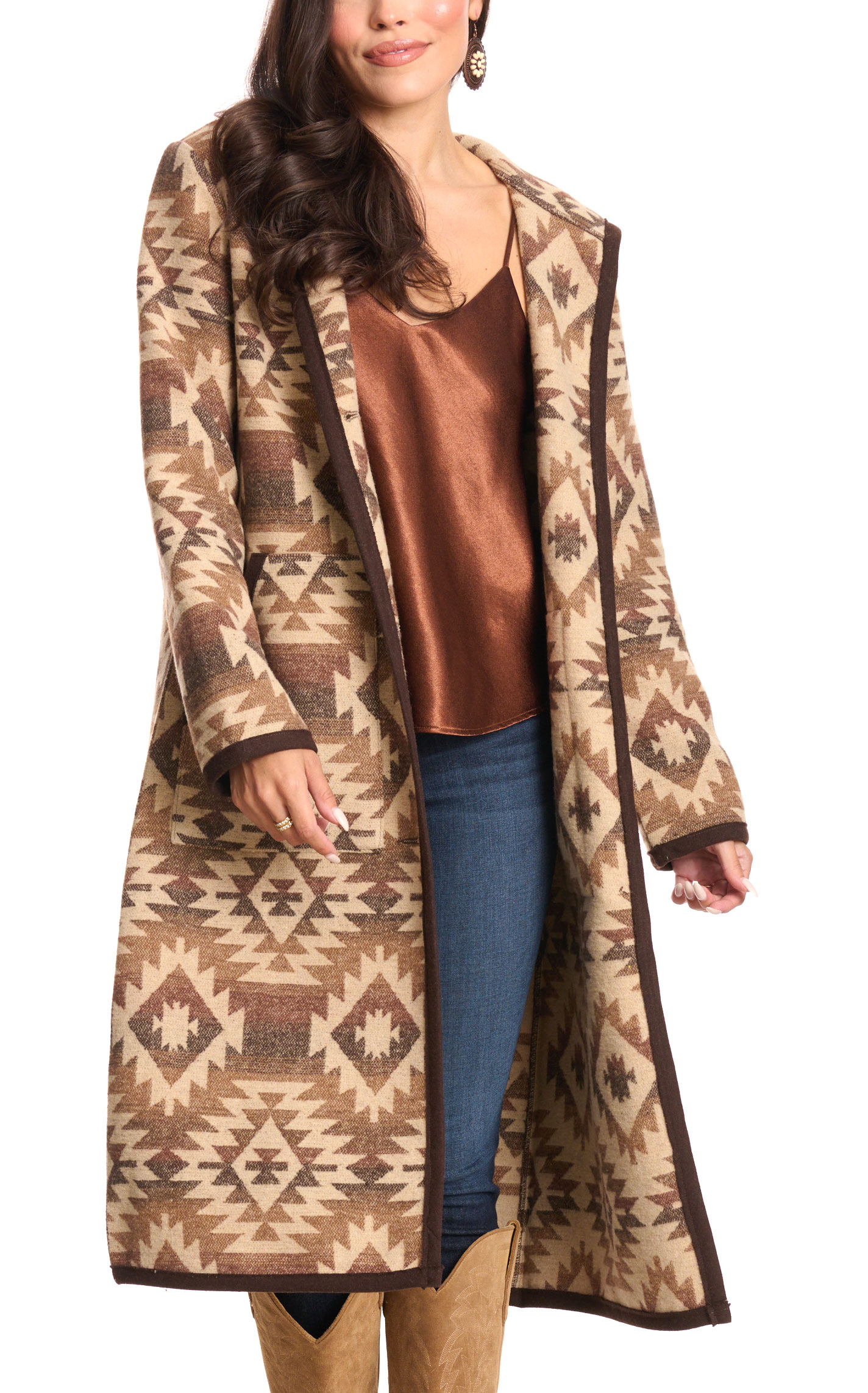 Cripple Creek Women's Gingerbread & Coffee Navajo Blanket Hooded Duster - Image 1