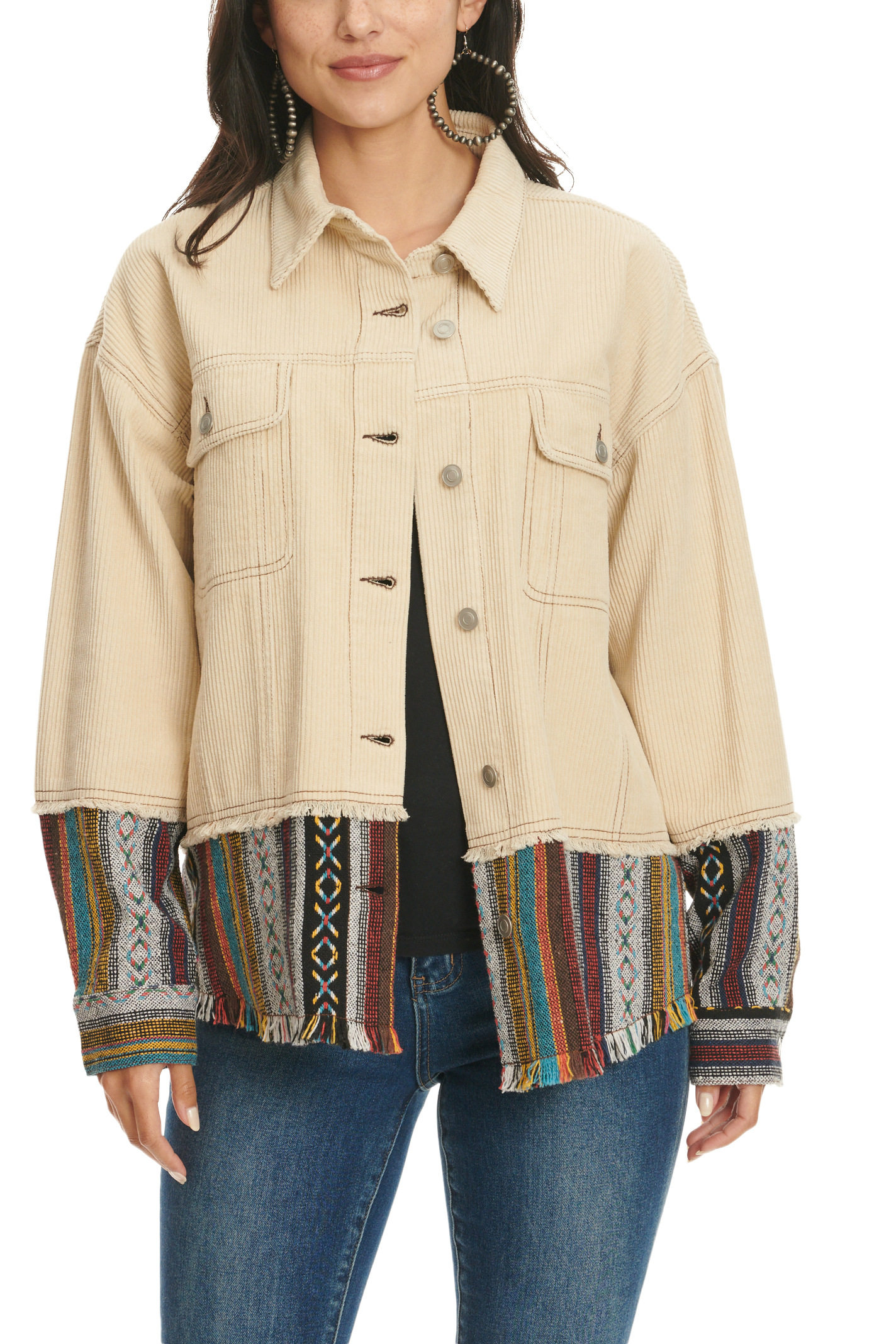 MAZIK Women's Cream Corduroy & Aztec Blanket Accent Long Sleeve Shacket - Image 1