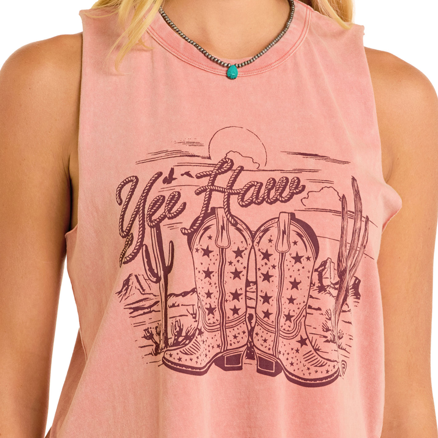 Rock & Roll Denim Women's Pink Yeehaw Boot Print Tank Top - Image 1
