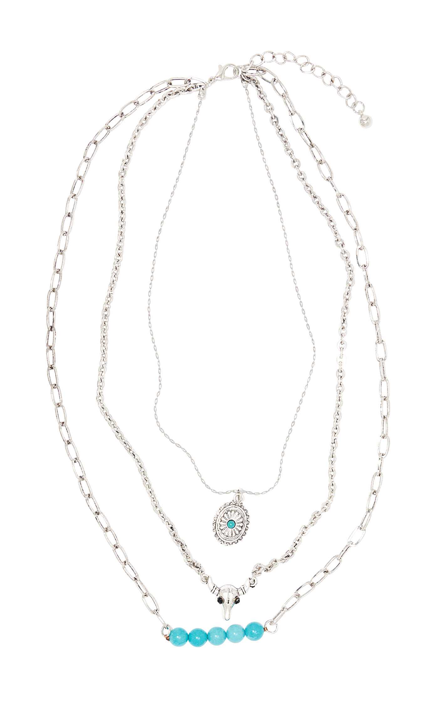 Southern Grace Silver & Turquoise Three-Strand Charm Necklace - Image 1