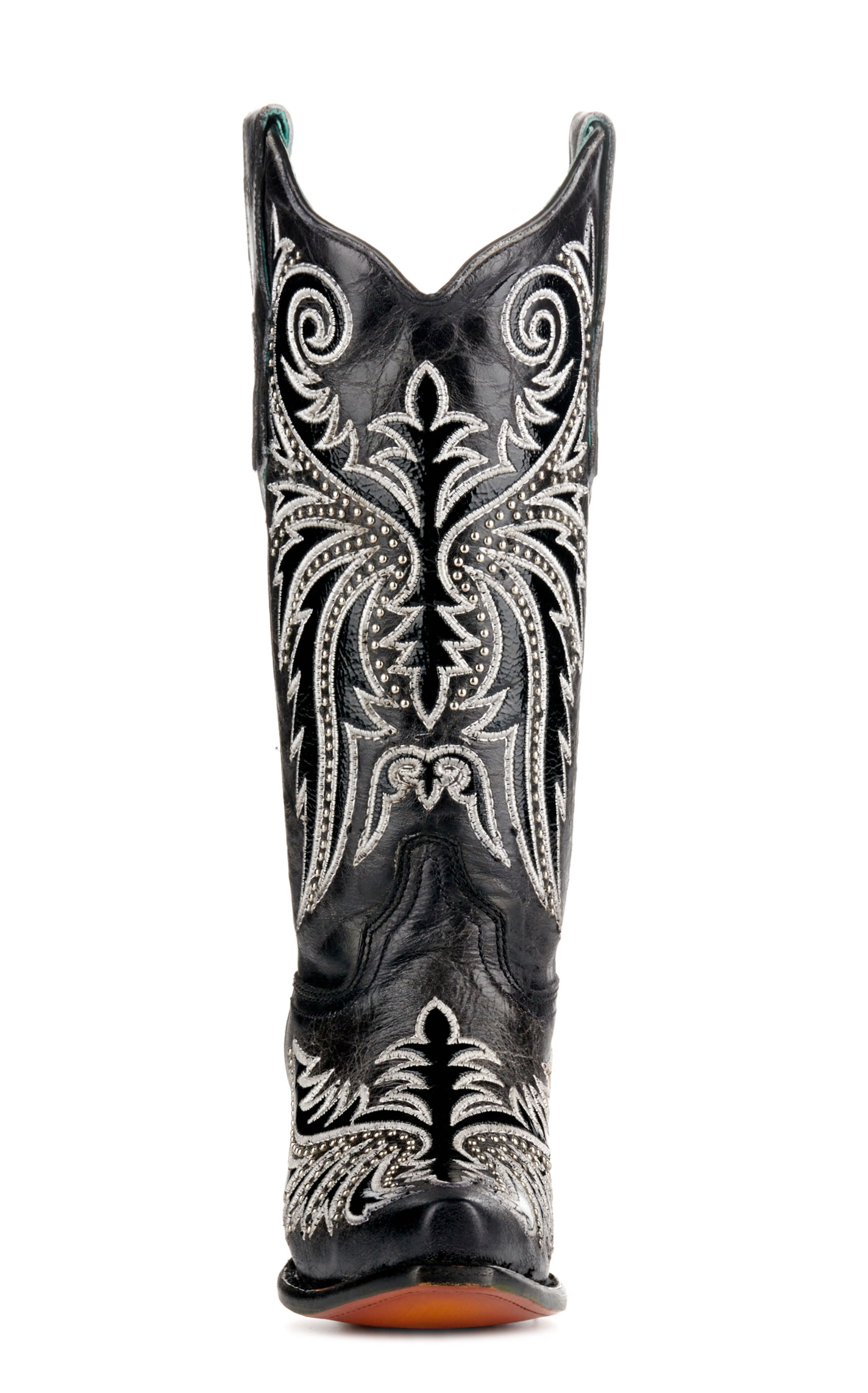 Corral Women's Distressed Black with White Embroidery and Studs Snip Toe Cowboy Boots - Image 1