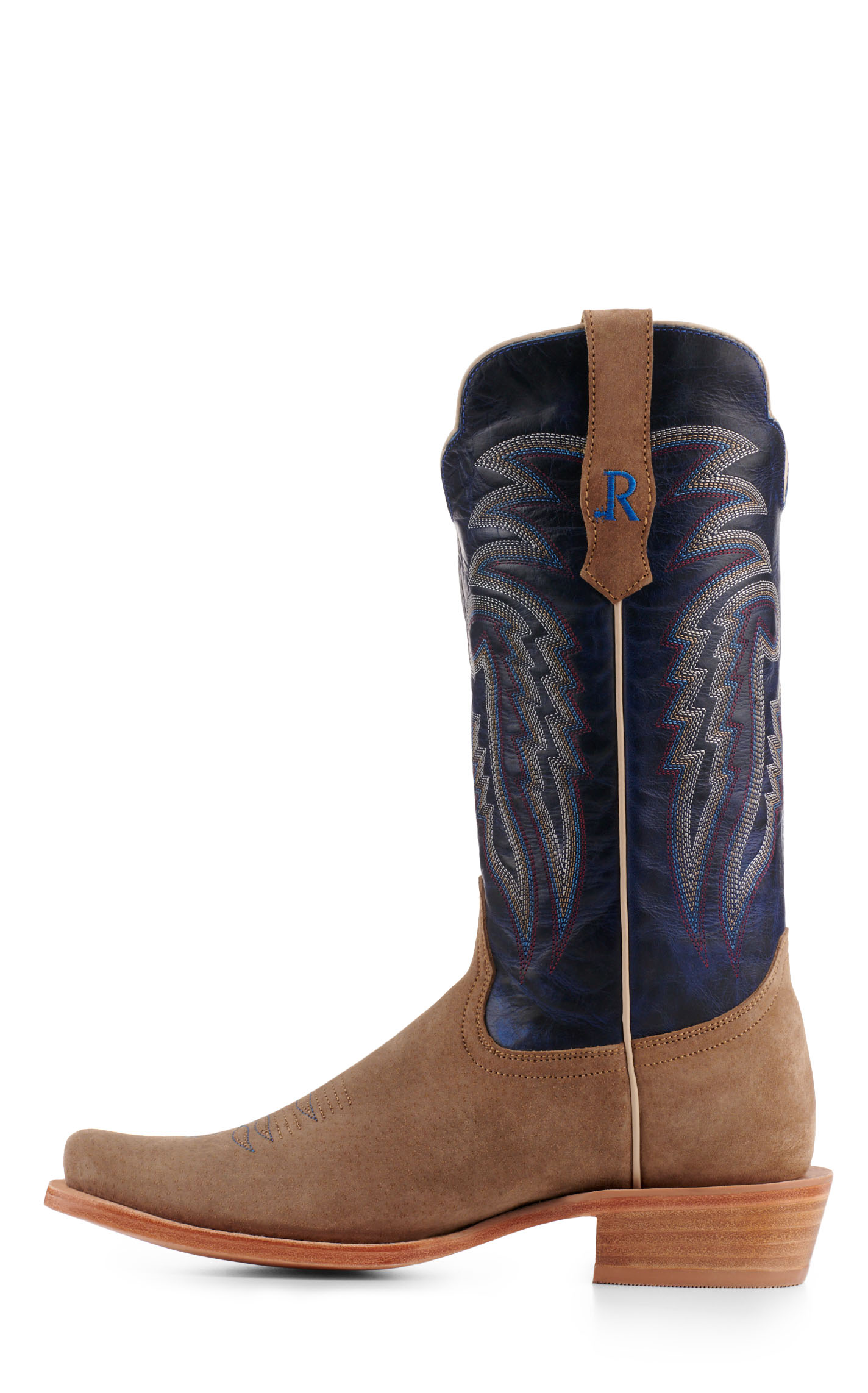 R. Watson Men's Cafe Brown Boar and Blue Punchy Square Toe Cowboy Boots - Image 1