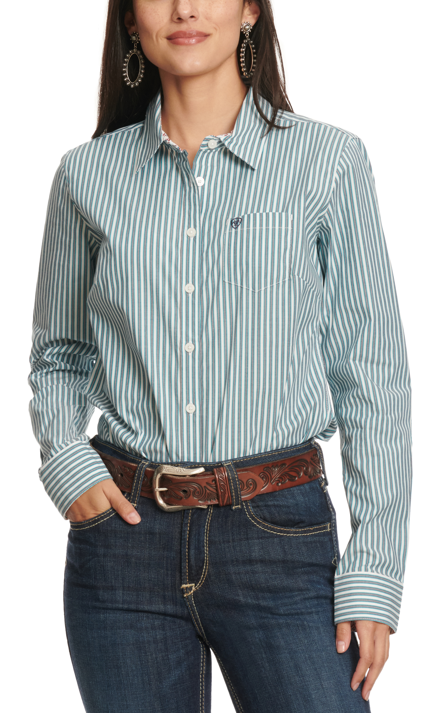 Ariat Women's Teal & White Stripe Western Shirt - Image 1