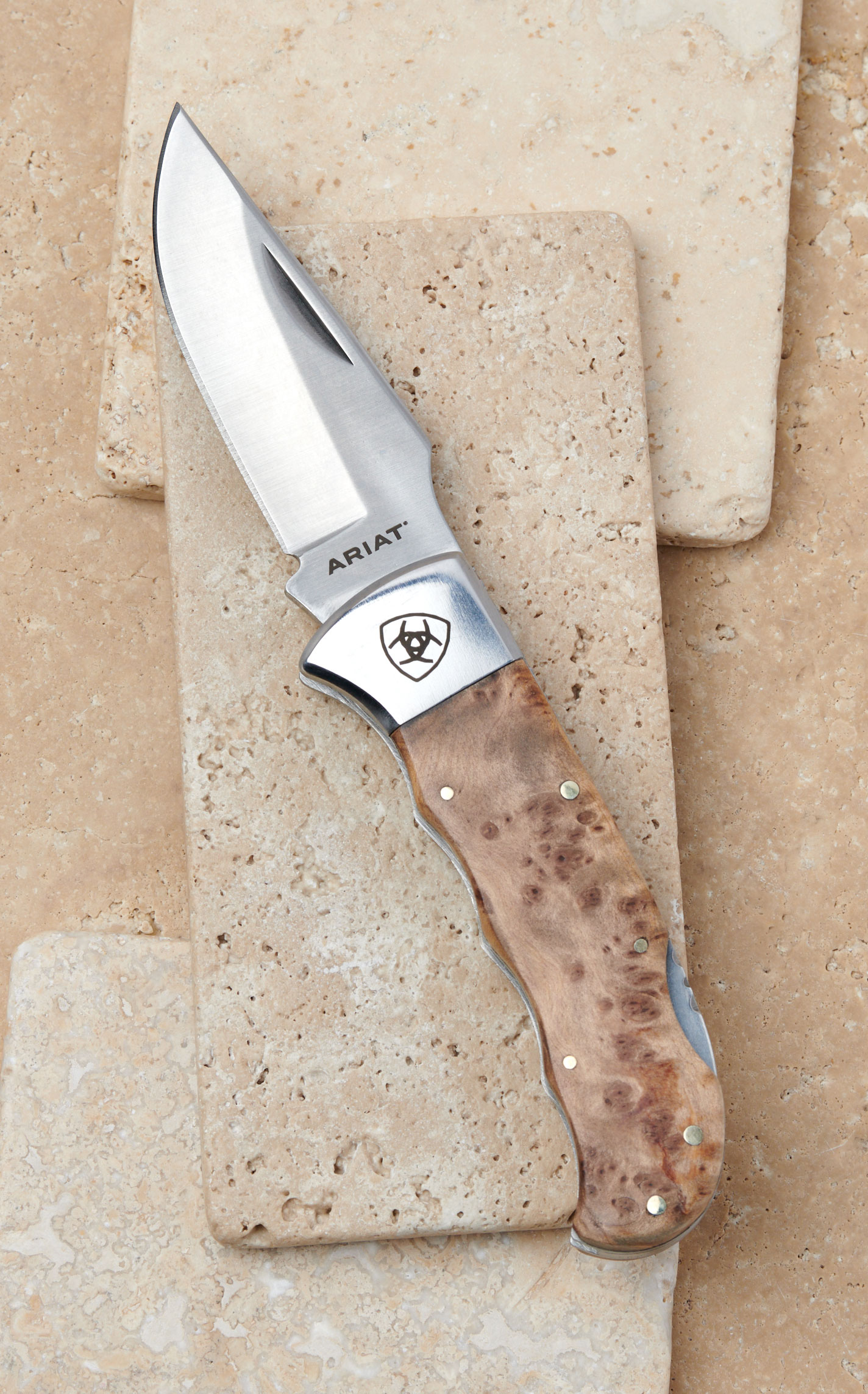 Ariat Medium Single Smooth Blade Natural Burl Wood Handle Folding Knife - Image 2