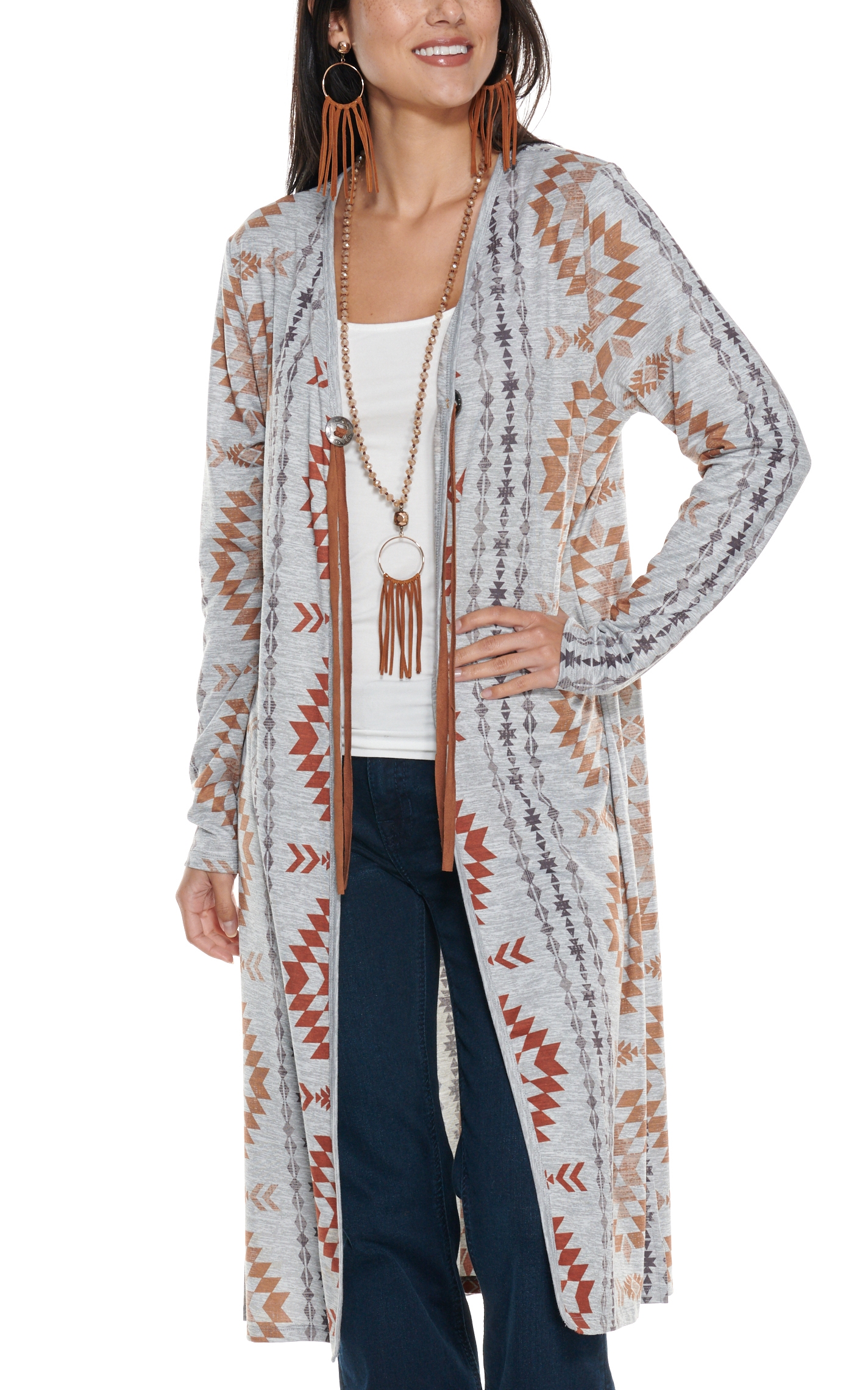 Cotton & Rye Women's Gray with Aztec Print Long Duster Cardigan - Image 1