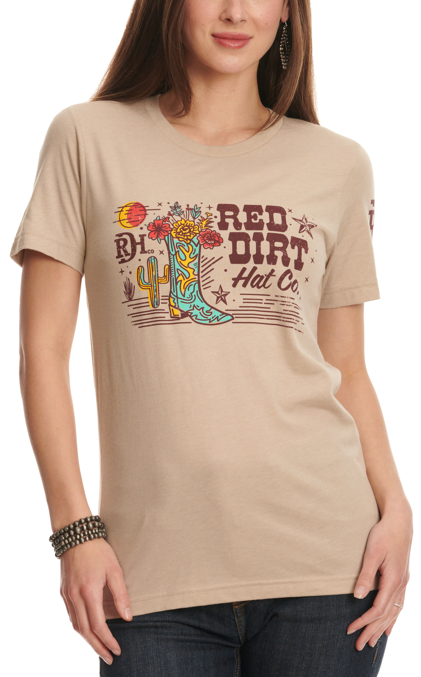 Red Dirt Hat Company Women's Doe-Brown & Desert Floral Boots Logo Graphic T-Shirt - Image 1