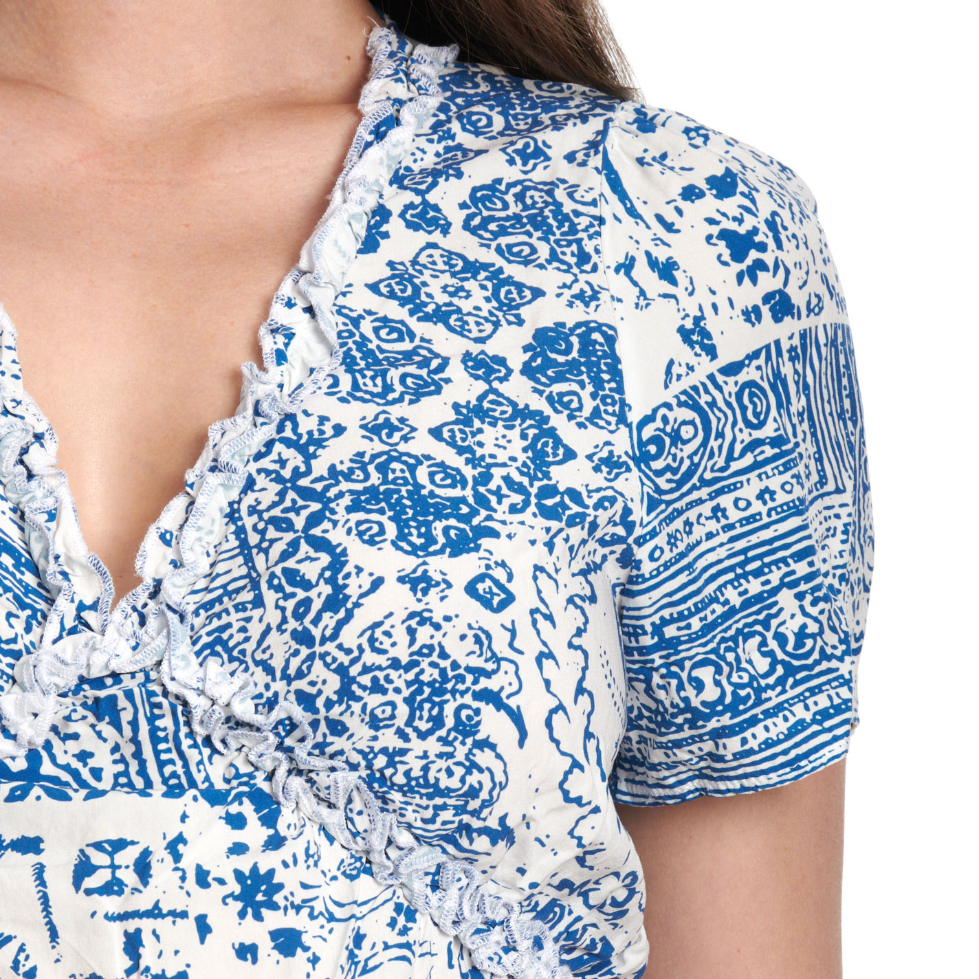 Cowgirl Hardware Women’s Blue & White Distressed Bandana Ruffle Top - Image 1