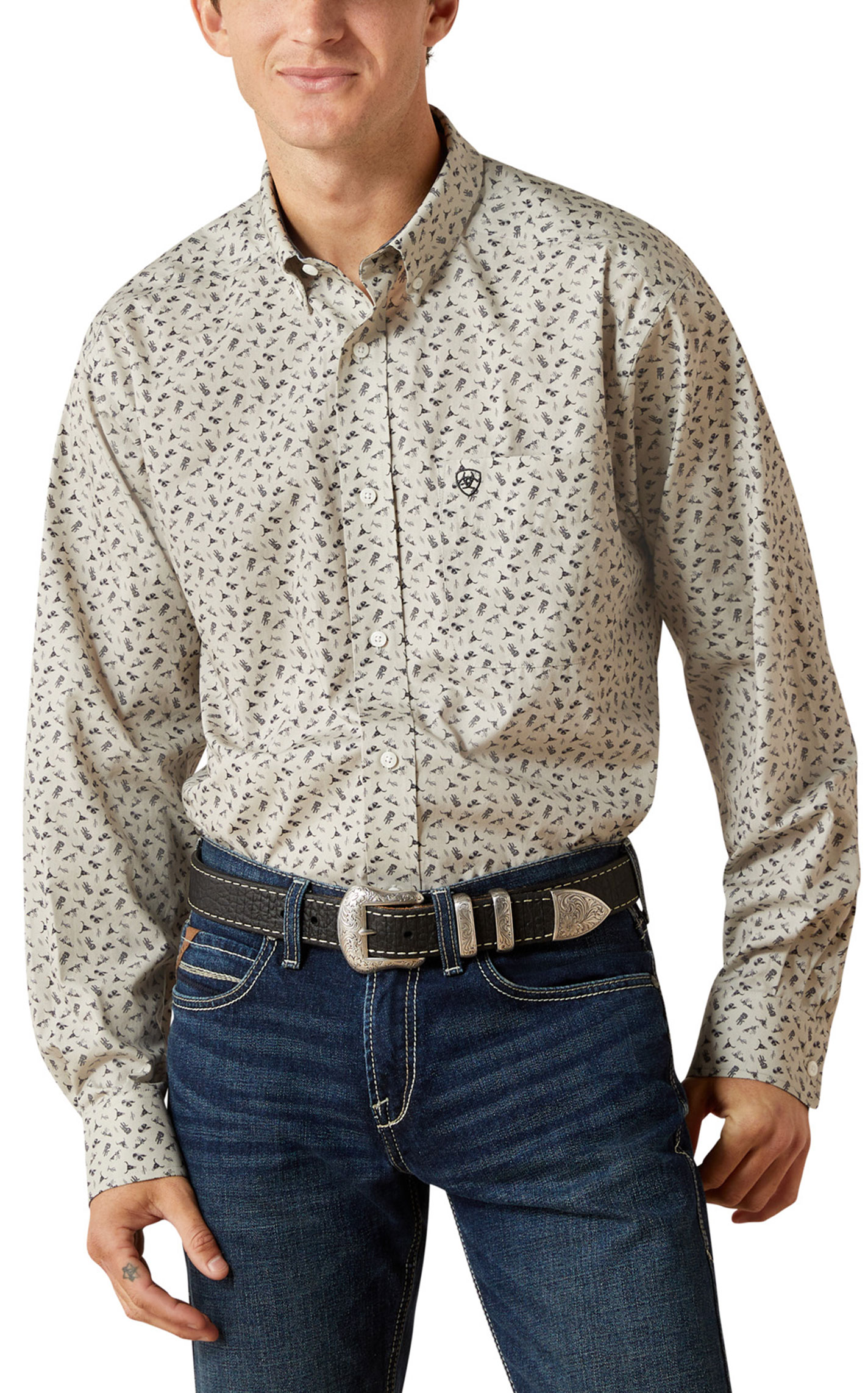 Ariat Men's Light Olive Steer Head Print Western Shirt  - Image 1