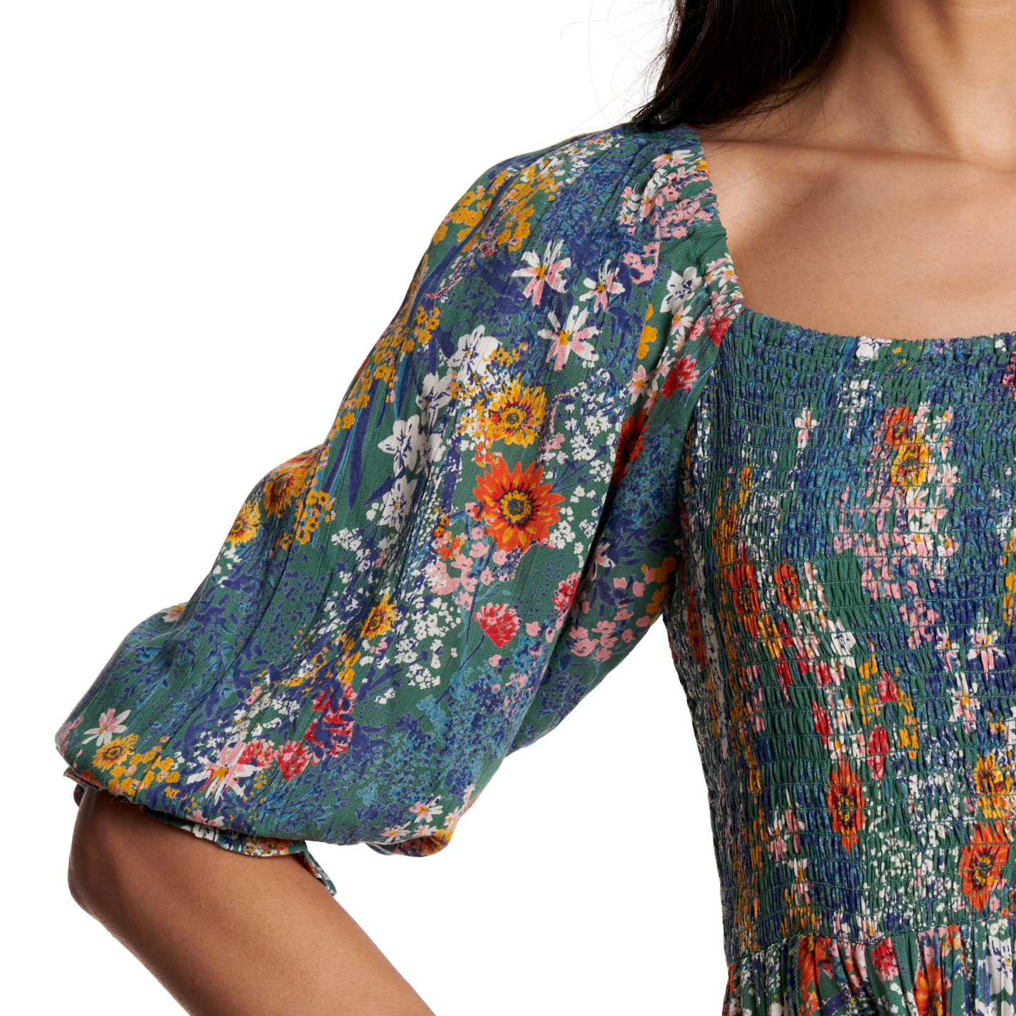 Rockin C Women's Blue Multicolor Floral Handkerchief Hem Smocked Dress - Image 2