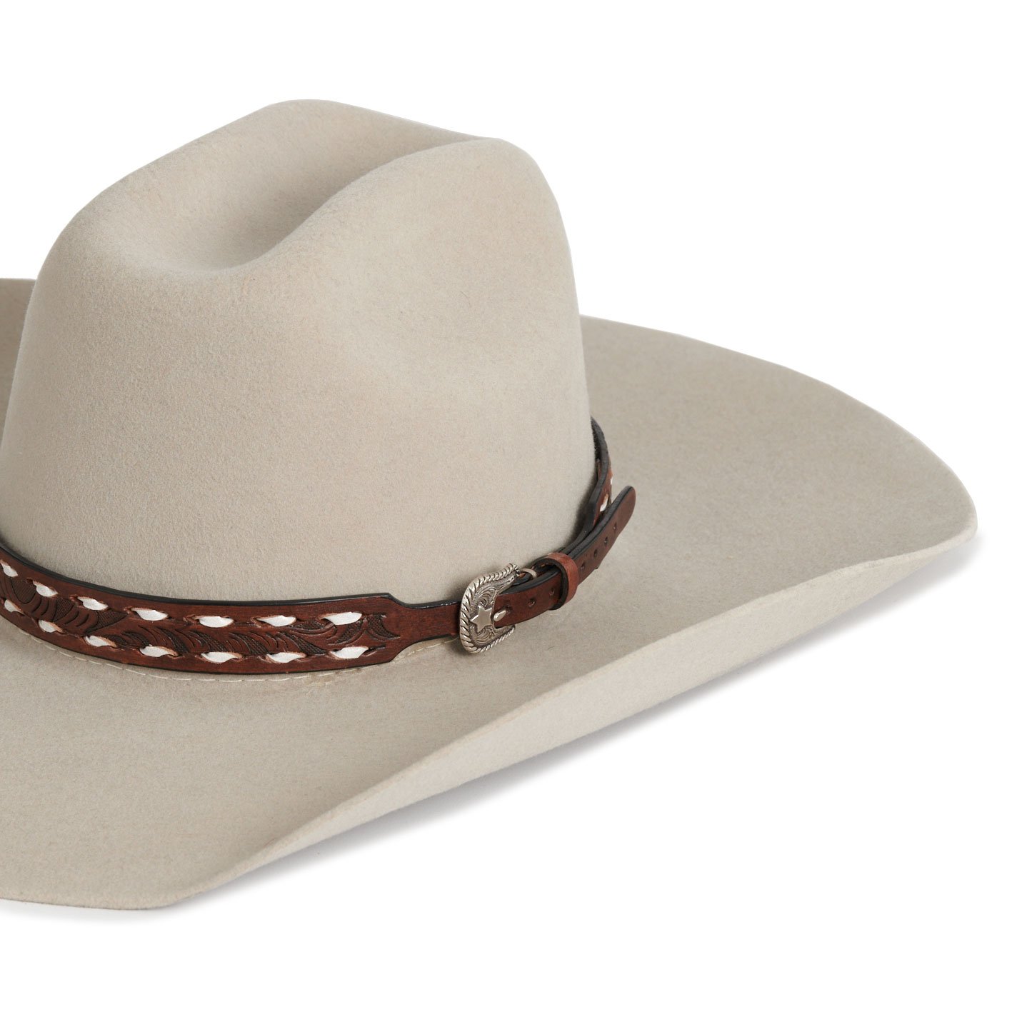 Twister Brown Scroll Tooled White Buckstitch Lace Silver Buckle Hatband - Image 1